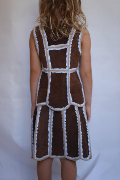 Rustic kids vest and skirt set, wool and leather blend, striped stitch detail, bohemian style, playtime wear, size 5-7 years old