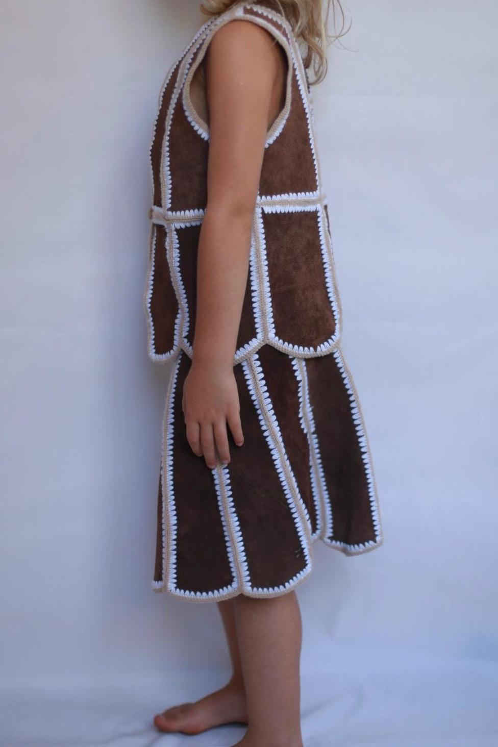 Rustic kids vest and skirt set, wool and leather blend, striped stitch detail, bohemian style, playtime wear, size 5-7 years old