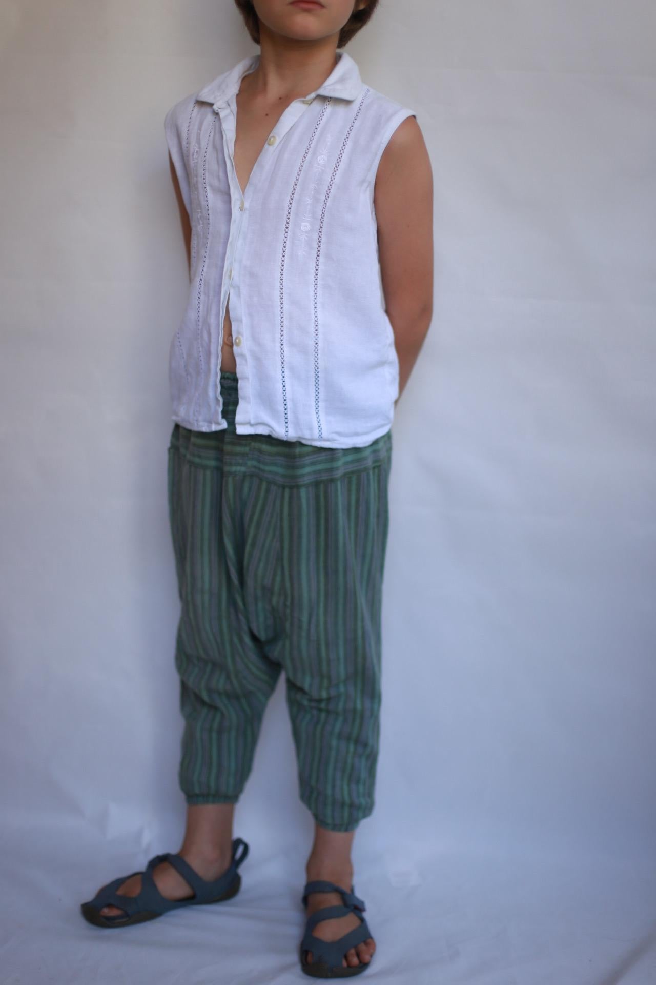 Children's green striped hippy pants, cotton, relaxed fit, elastic waistband with drawstring, retro 70s, US XXL Kids, casual playtime