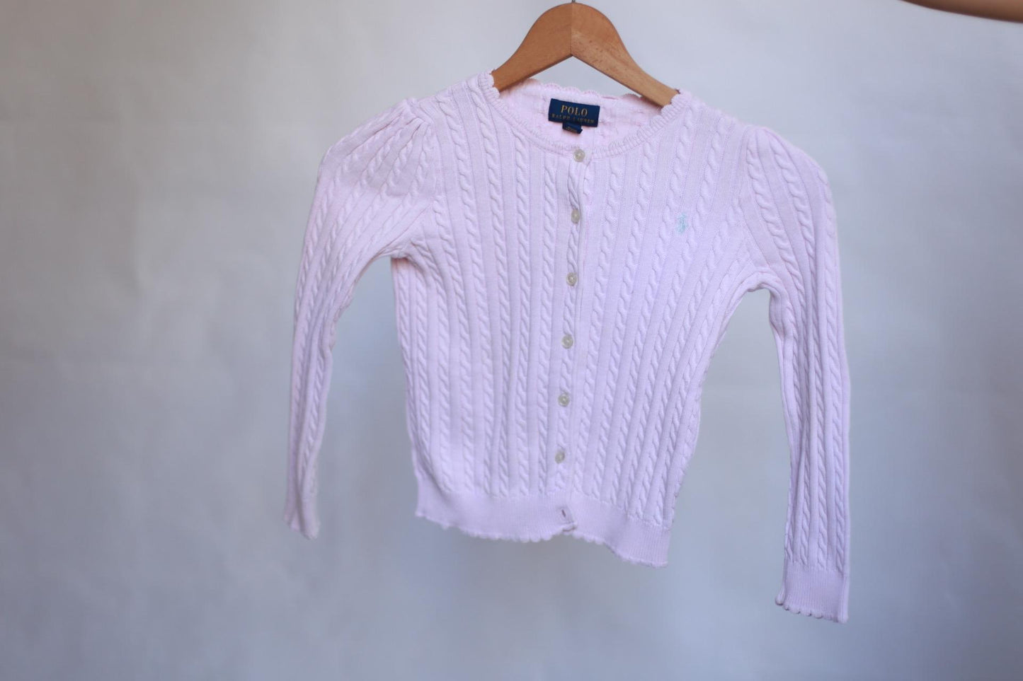 Polo Ralph Lauren light pink sweater, classic fit, cable knit texture, casual feminine, US 6 kids, versatile wear
