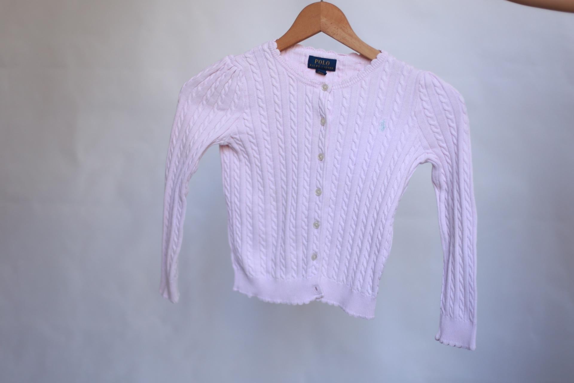 Polo Ralph Lauren light pink sweater, classic fit, cable knit texture, casual feminine, US 6 kids, versatile wear