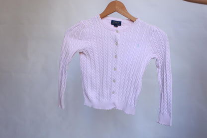 Polo Ralph Lauren light pink sweater, classic fit, cable knit texture, casual feminine, US 6 kids, versatile wear