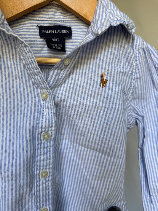 Ralph Lauren blue striped shirt, 100% cotton, classic fit, button front, preppy wear, Size 4 years old
