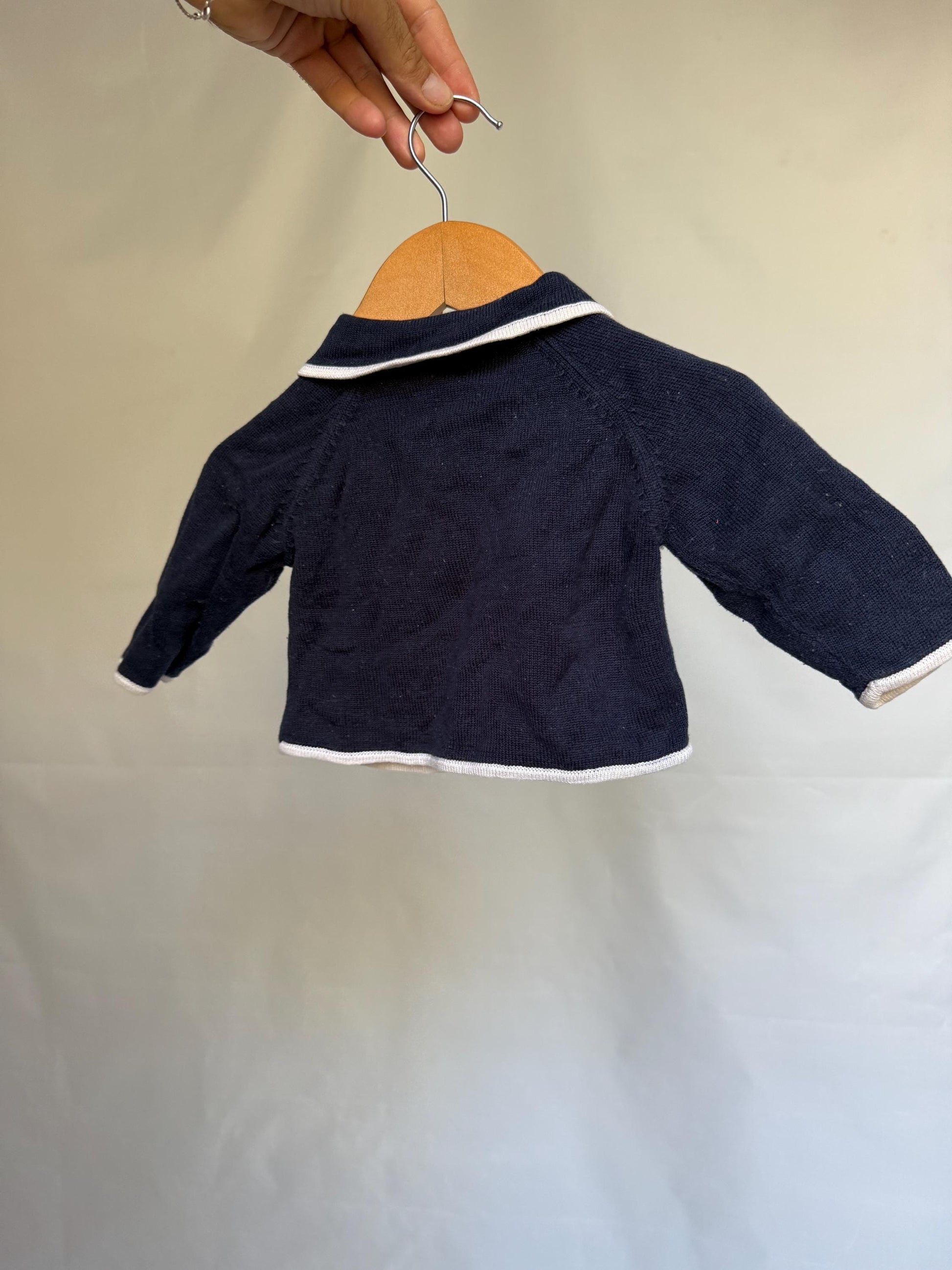 Carolina Zapf navy baby jacket, 100% mercerized cotton, extendable button, beige trim, classic style, US 3-6 months