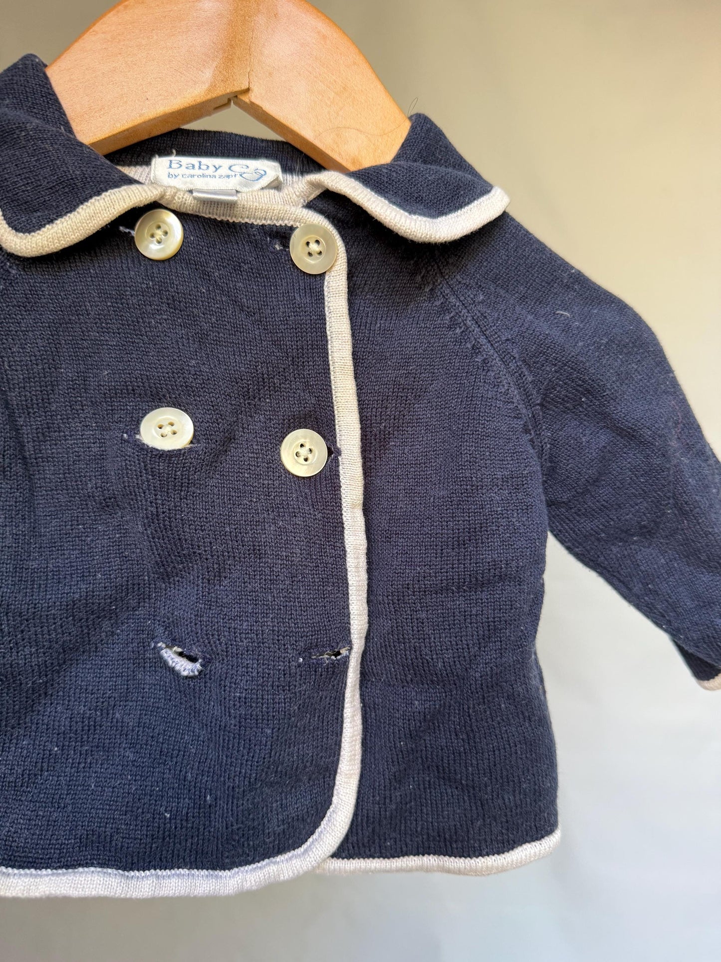 Carolina Zapf navy baby jacket, 100% mercerized cotton, extendable button, beige trim, classic style, US 3-6 months