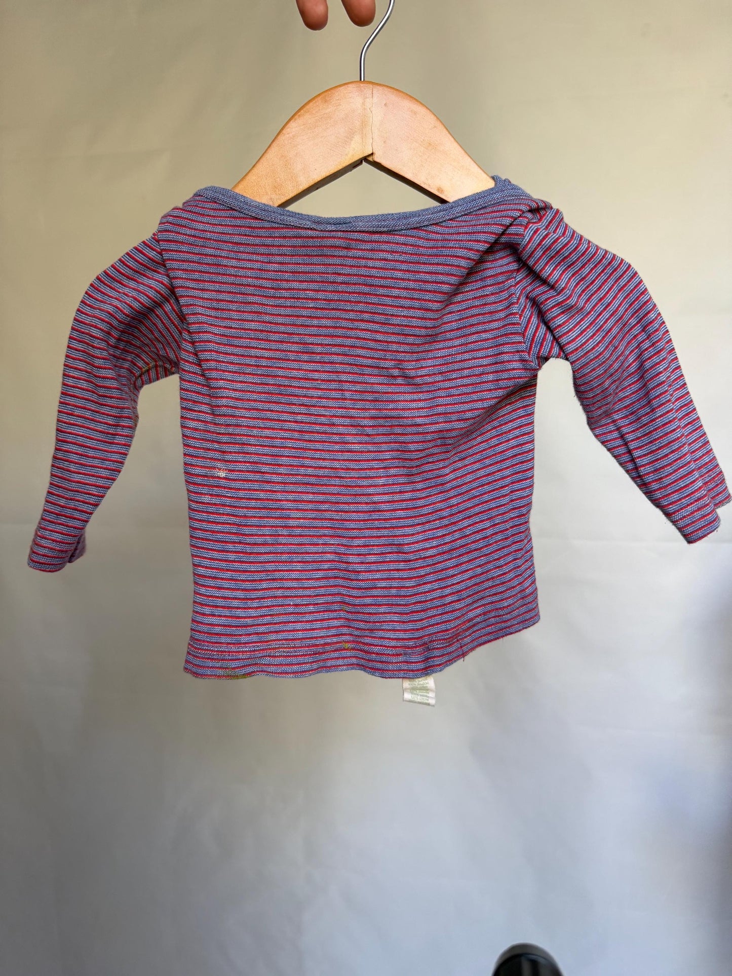 Cosilana blue red striped top, 100% cotton, relaxed fit, crew neckline, narrow stripes, casual vintage, US 3-6 months, everyday comfort