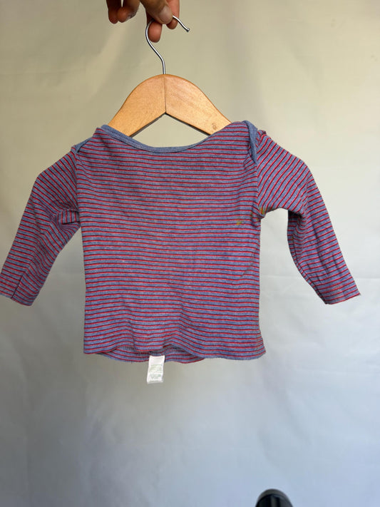 Cosilana blue red striped top, 100% cotton, relaxed fit, crew neckline, narrow stripes, casual vintage, US 3-6 months, everyday comfort