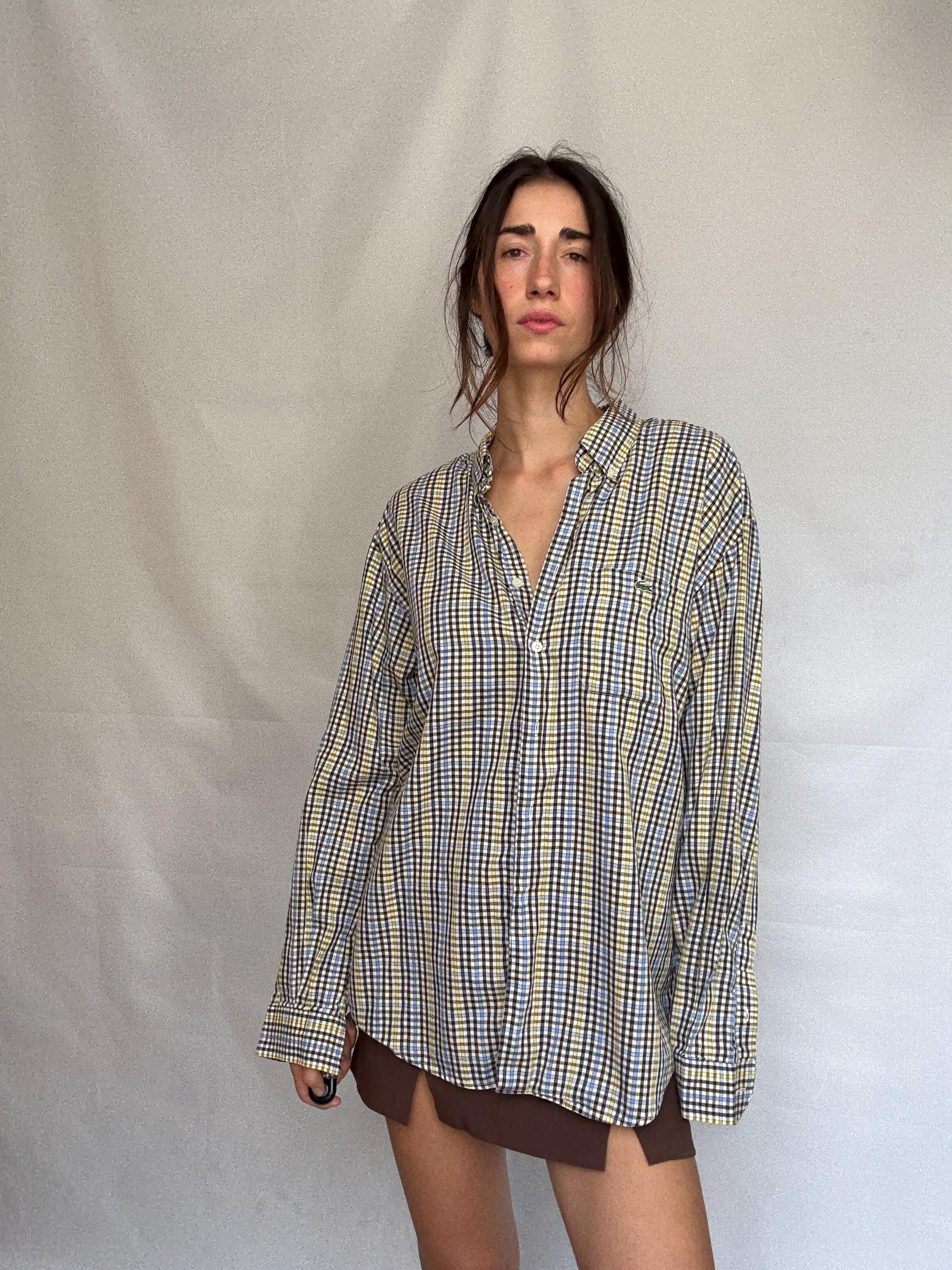 Lacoste plaid button up shirt, cotton, relaxed fit, classic collar, chest pocket, casual vintage vibe, US XL, everyday wear