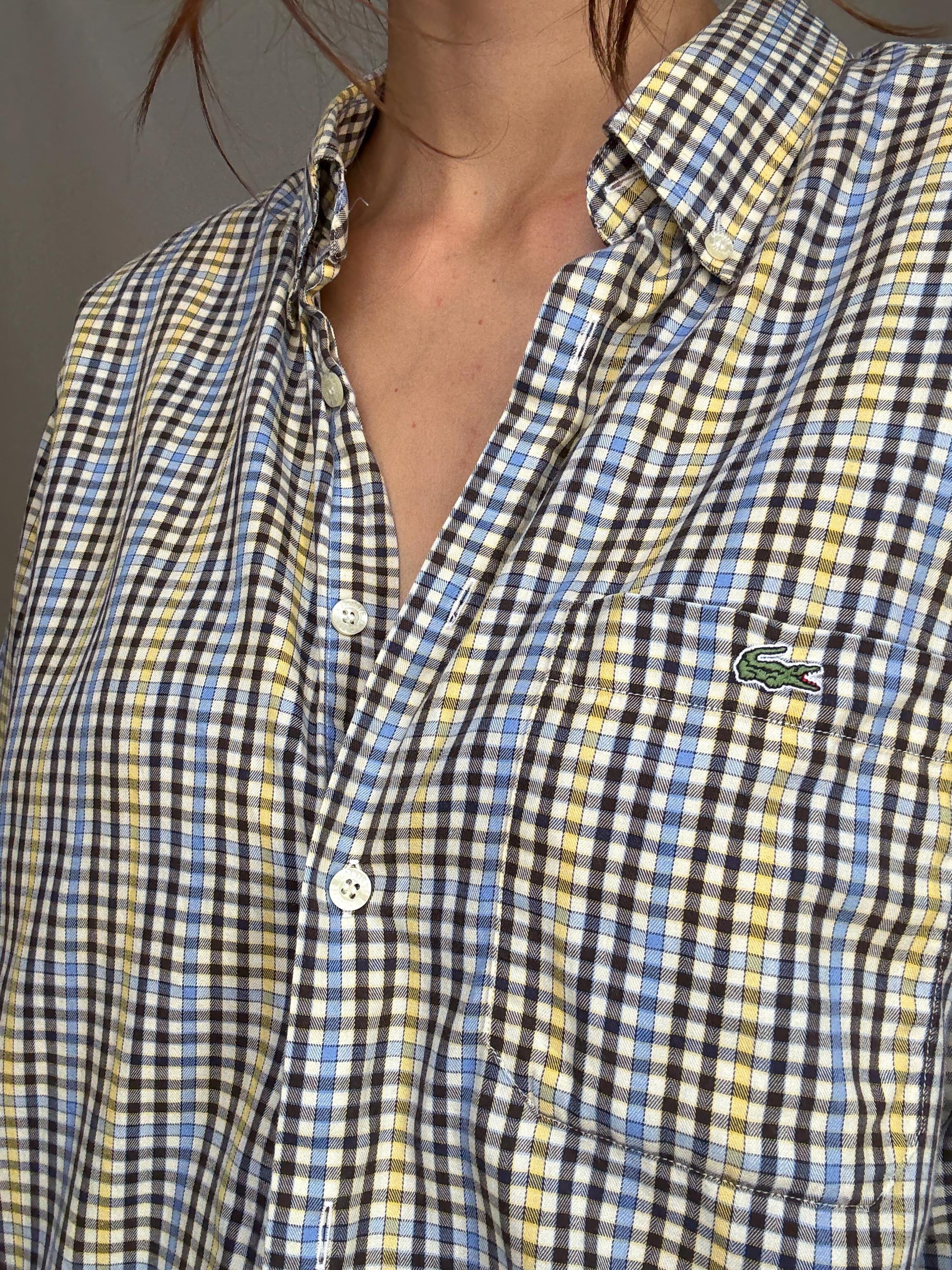 Lacoste plaid button up shirt, cotton, relaxed fit, classic collar, chest pocket, casual vintage vibe, US XL, everyday wear