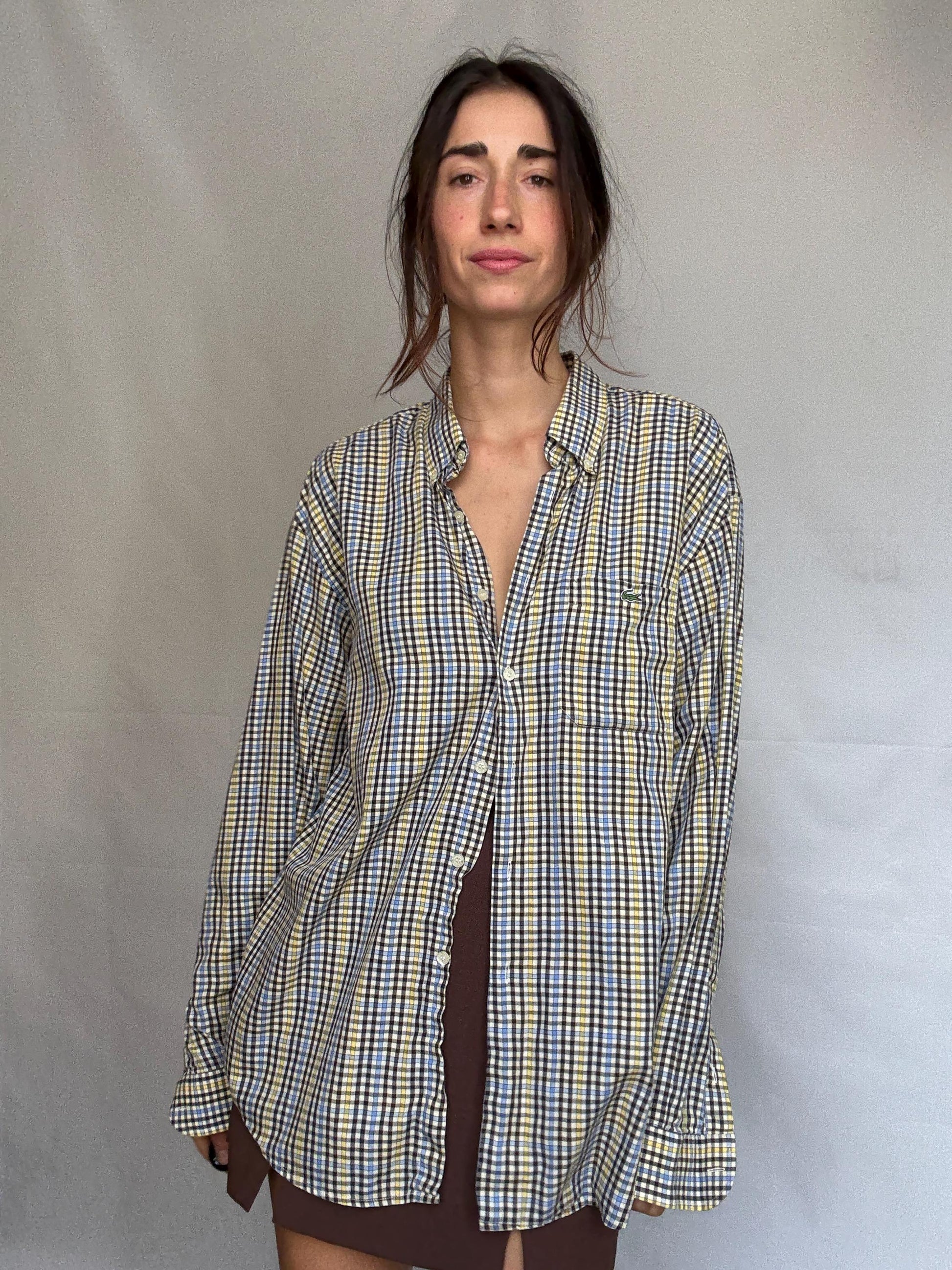 Lacoste plaid button up shirt, cotton, relaxed fit, classic collar, chest pocket, casual vintage vibe, US XL, everyday wear