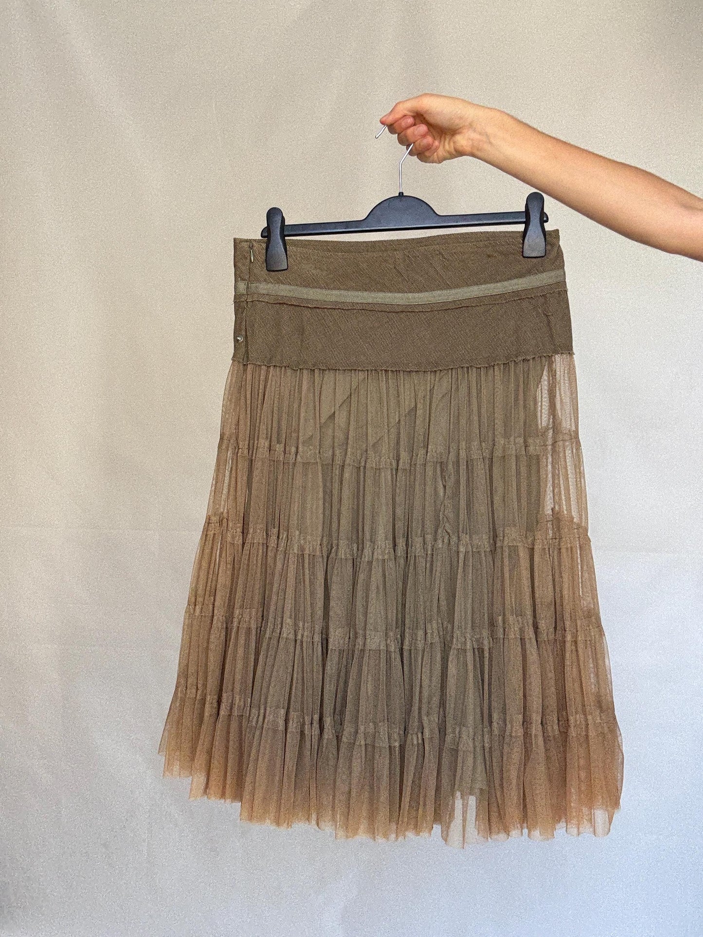 Vintage taupe a line skirt, cotton corduroy midi skirt, metallic eyelet waistband, romantic grunge, US XL, evening chic