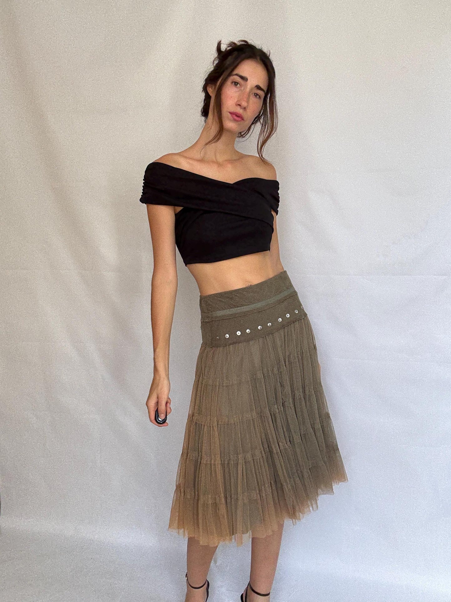 Vintage taupe a line skirt, cotton corduroy midi skirt, metallic eyelet waistband, romantic grunge, US XL, evening chic