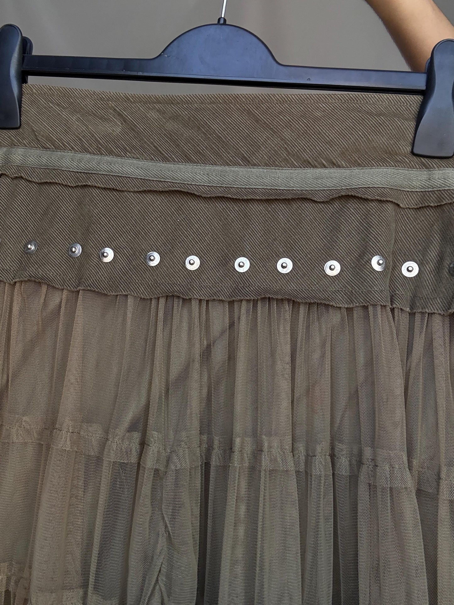 Vintage taupe a line skirt, cotton corduroy midi skirt, metallic eyelet waistband, romantic grunge, US XL, evening chic