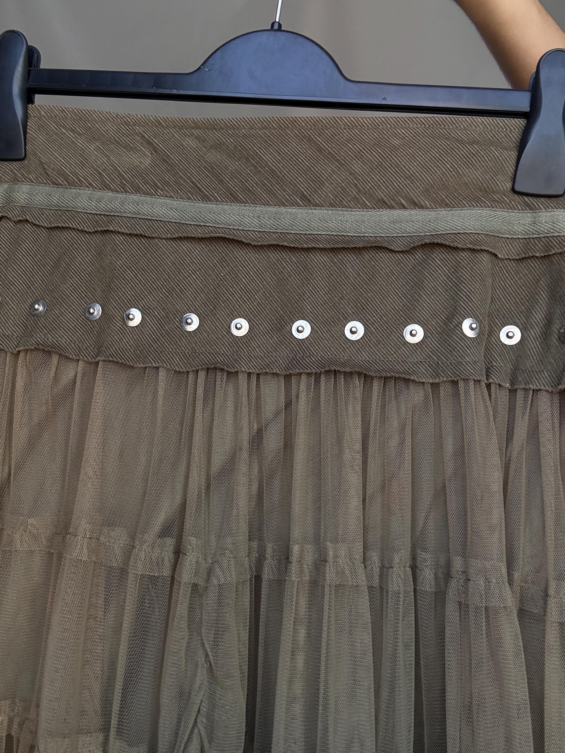 Vintage taupe a line skirt, cotton corduroy midi skirt, metallic eyelet waistband, romantic grunge, US XL, evening chic