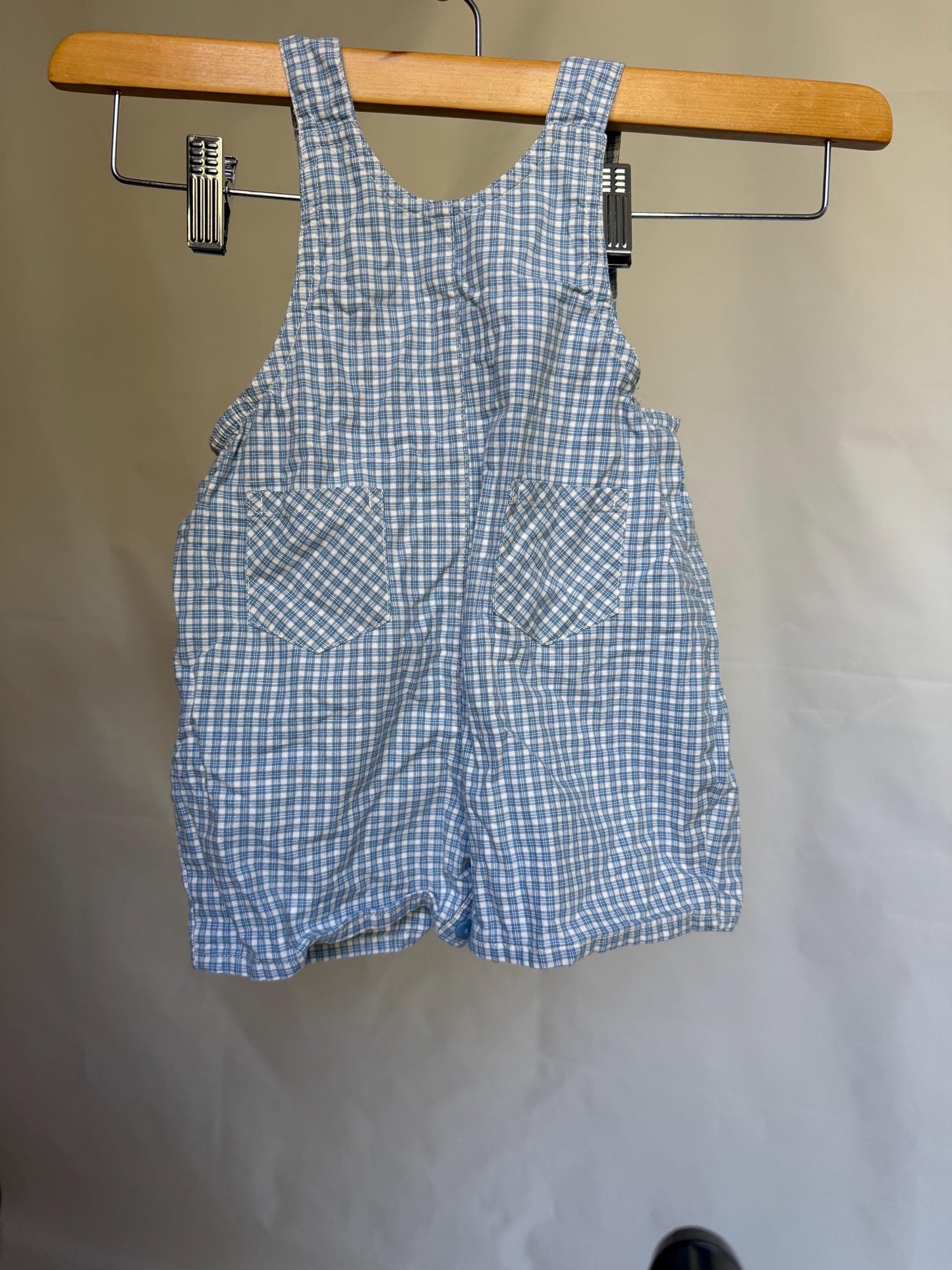 Disney blue gingham baby overall, 100% cotton, embroidered dog and bee pocket, playful casual, US size 0-6 months