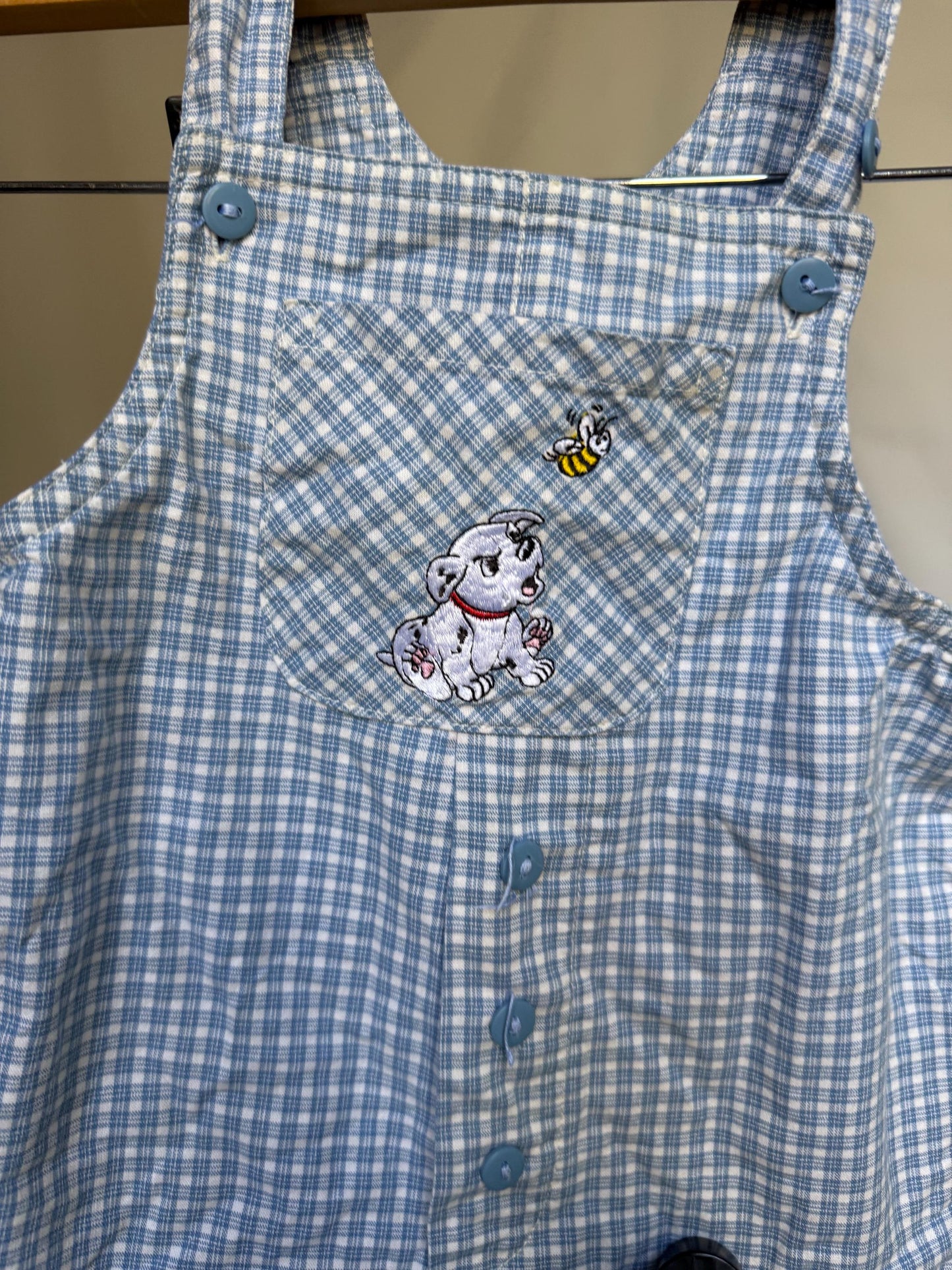 Disney blue gingham baby overall, 100% cotton, embroidered dog and bee pocket, playful casual, US size 0-6 months