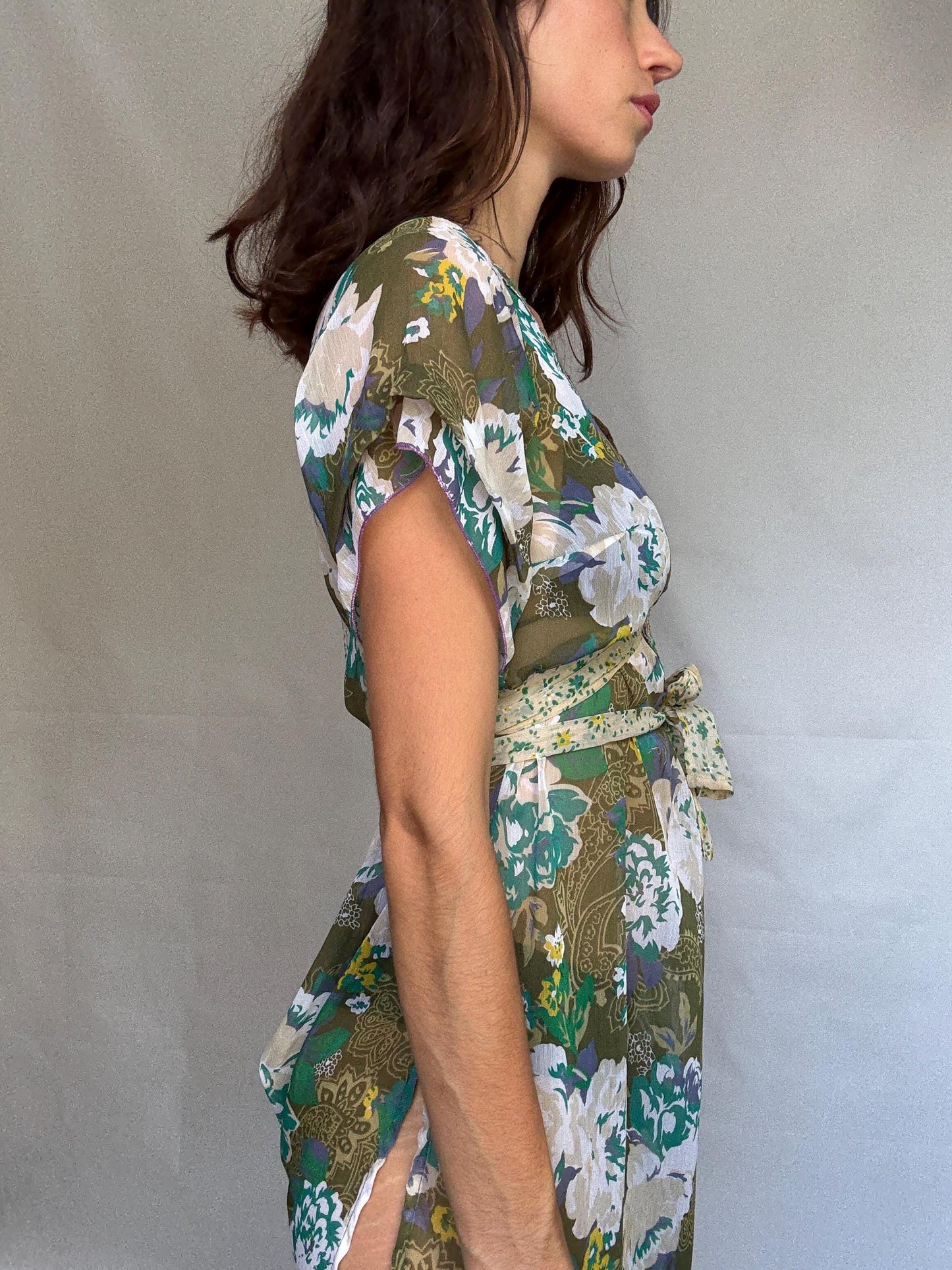 Multicolor floral mini dress, flowy fit, embroidered v neck, bohemian grunge, US S, summer beachwear