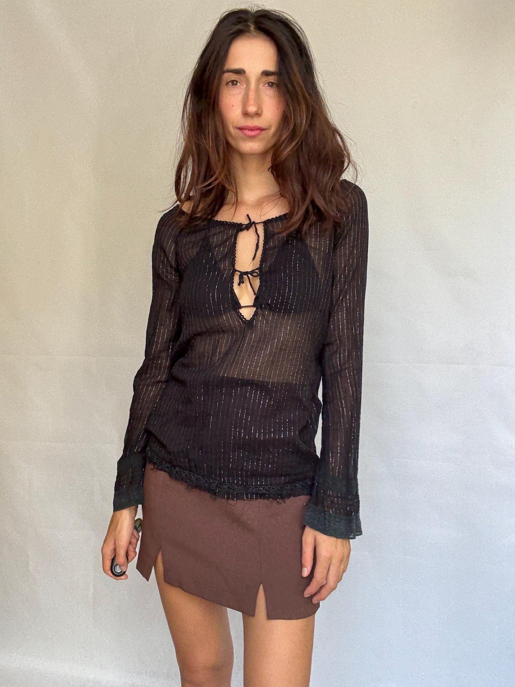 Vintage black sheer metallic top, Cute open neck with tie detail, y2k britney spears style, US M, evening summer