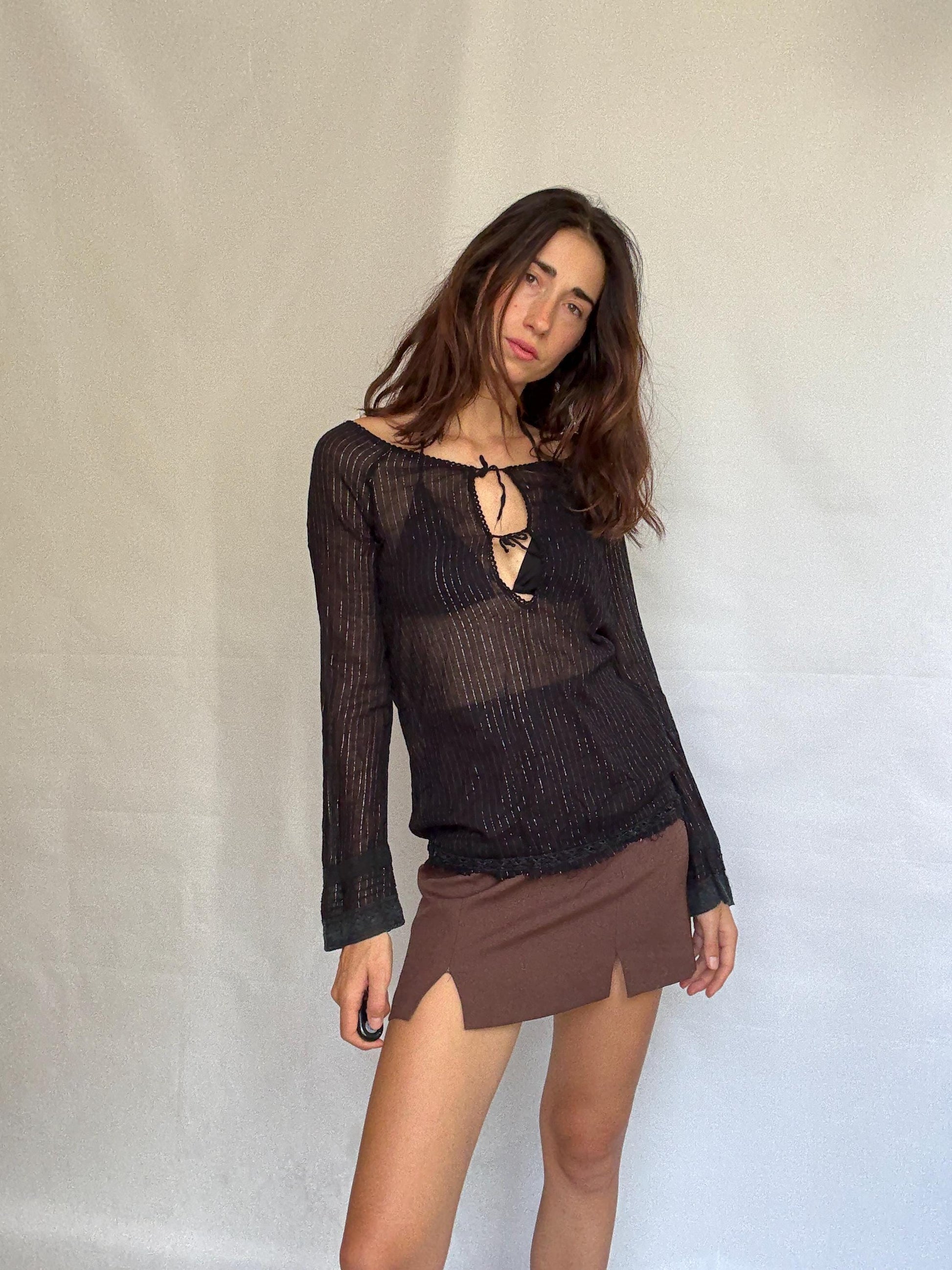 Vintage black sheer metallic top, Cute open neck with tie detail, y2k britney spears style, US M, evening summer