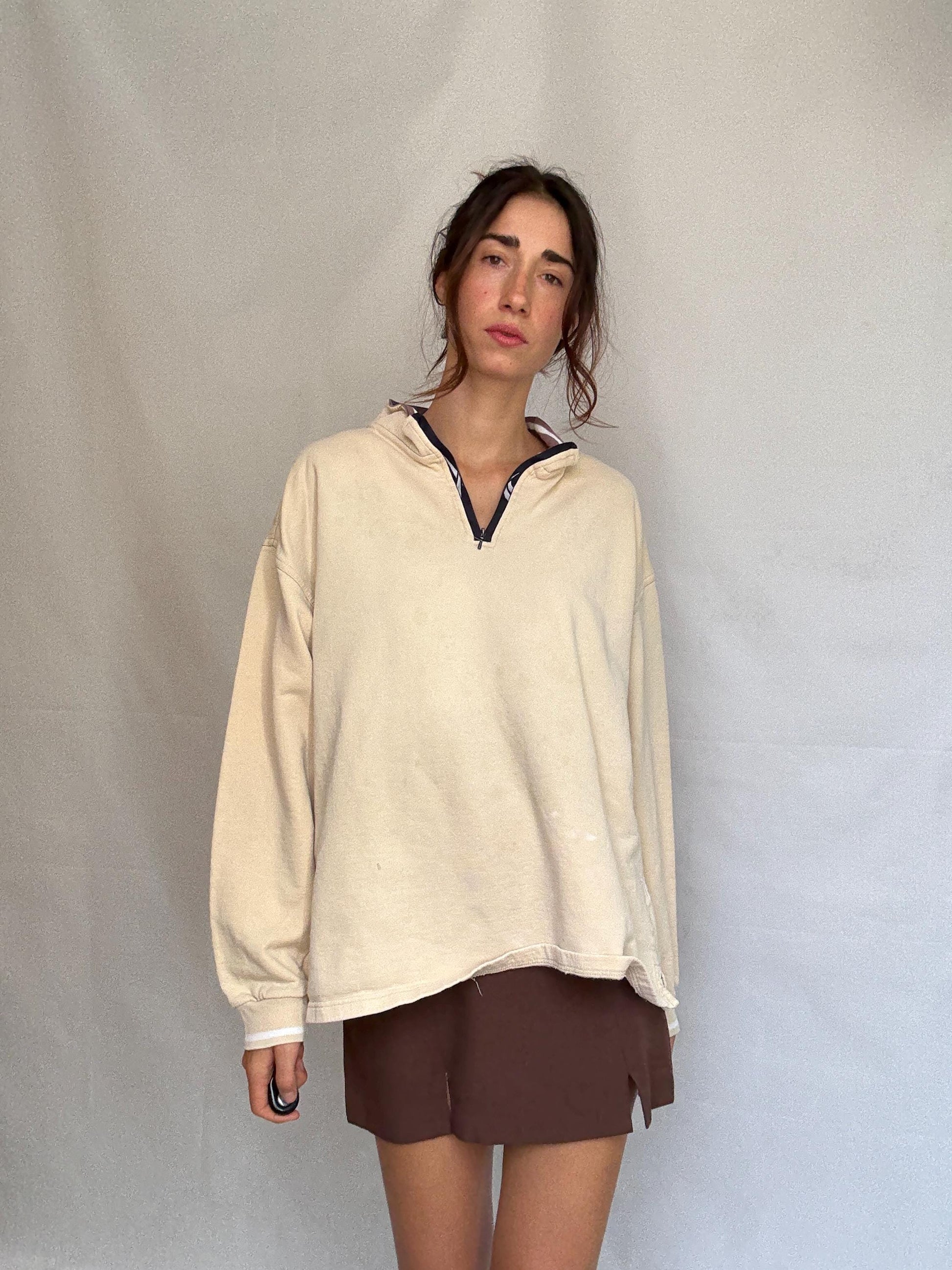 Reebok beige jumper, 100% cotton, loose oversized fit, embroidered logo, casual sporty, US XL, streetwear relaxed vibe