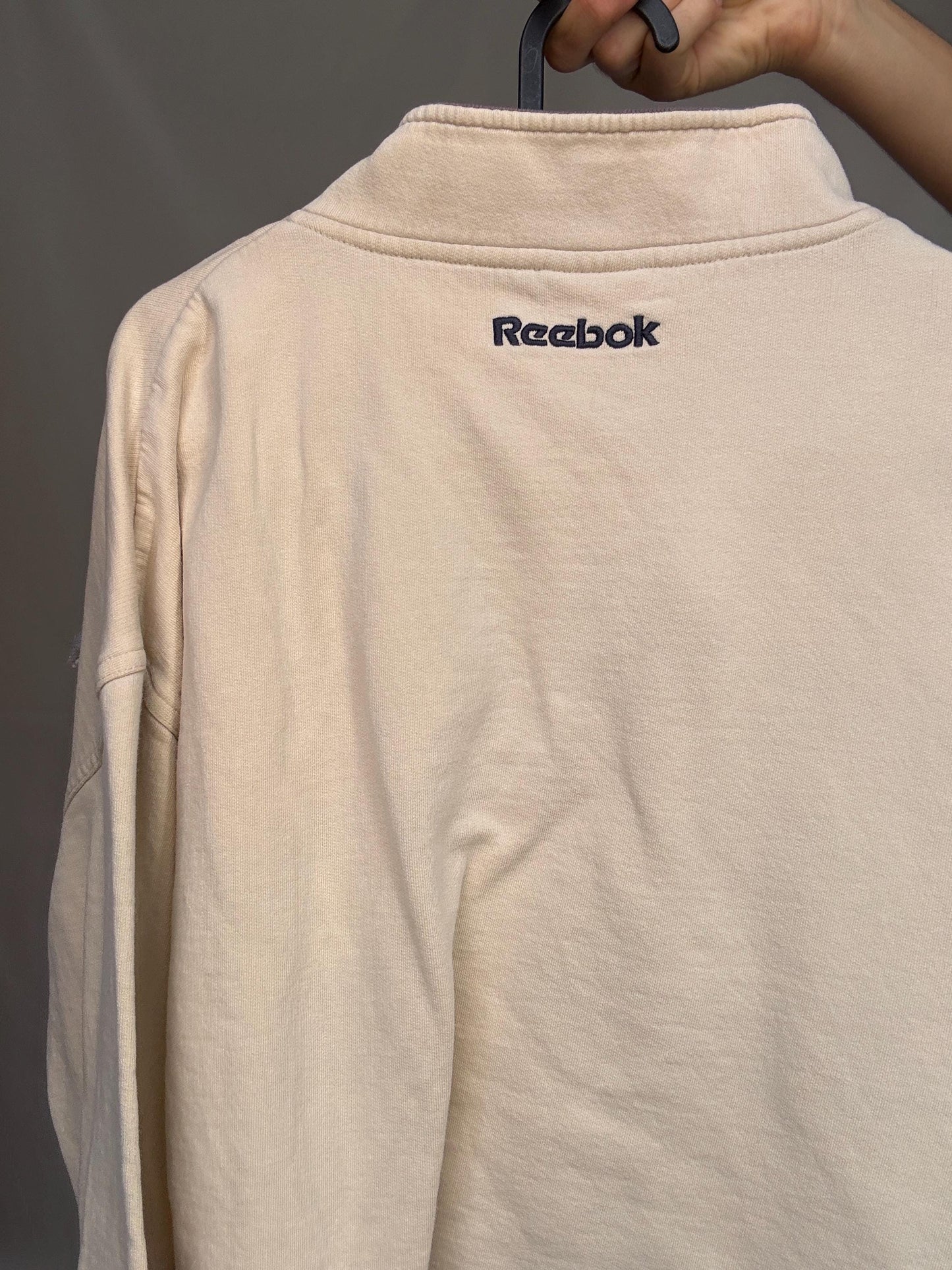 Reebok beige jumper, 100% cotton, loose oversized fit, embroidered logo, casual sporty, US XL, streetwear relaxed vibe