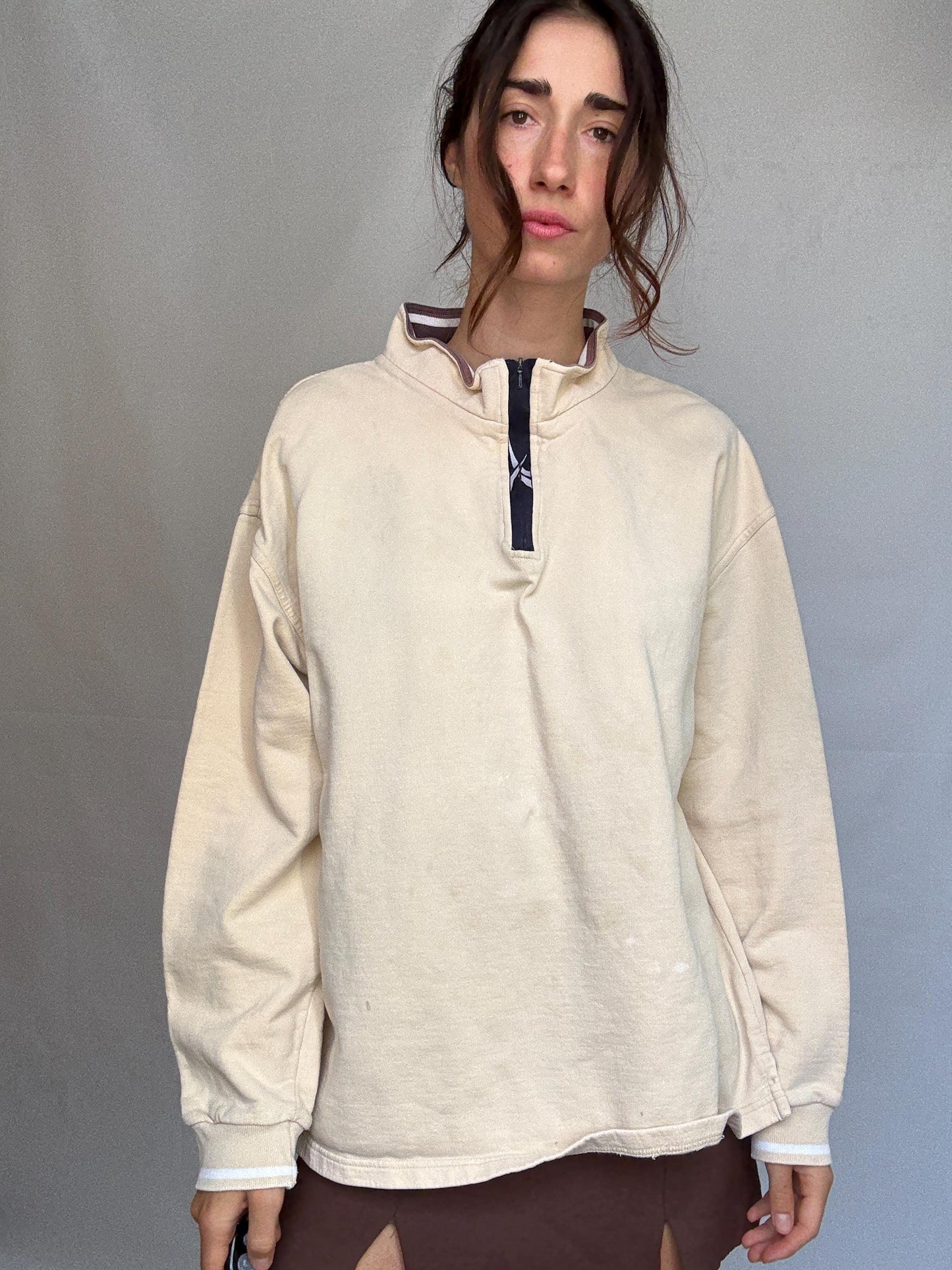 Reebok beige jumper, 100% cotton, loose oversized fit, embroidered logo, casual sporty, US XL, streetwear relaxed vibe