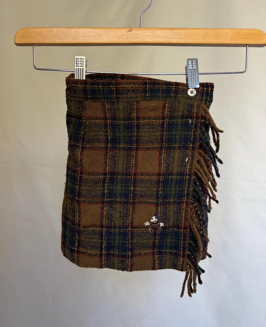 Donaldson plaid children's skirt, wool, line fit, fringe edges, embroidered cartoon detail, US XS, rustic play outfit, made in Belgium