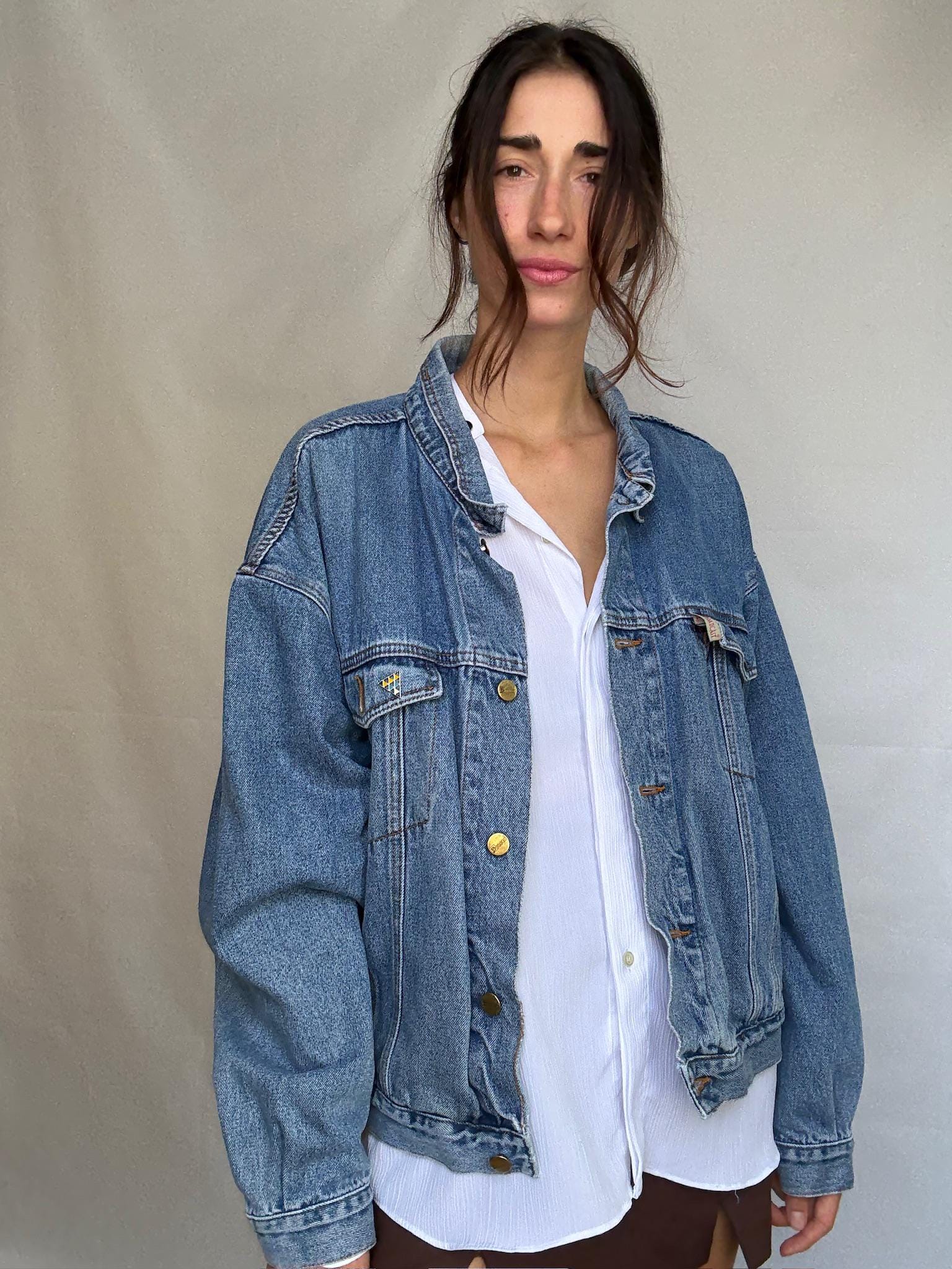 Vintage blue denim 80s jacket, Retro cool menswear, Oversized boyfriend clothing, Punk streetwear, retro 90s Kristen Stewart vibe, US XL