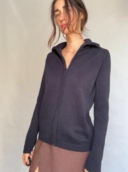 Dark Blue Cotton Cardigan Vest — back view