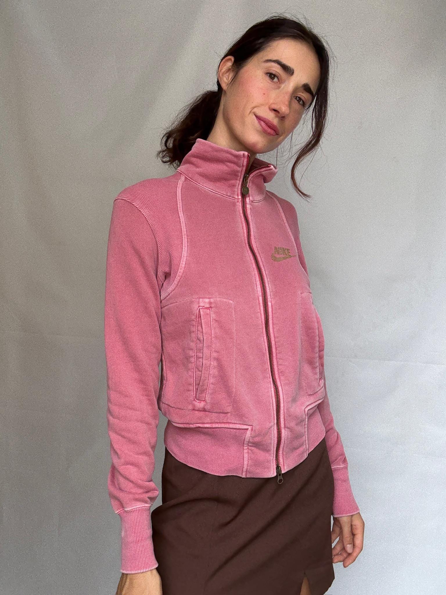 Nike pink zip up vest, cotton sporty fit, girlycasual streetwear, US M, everyday active style