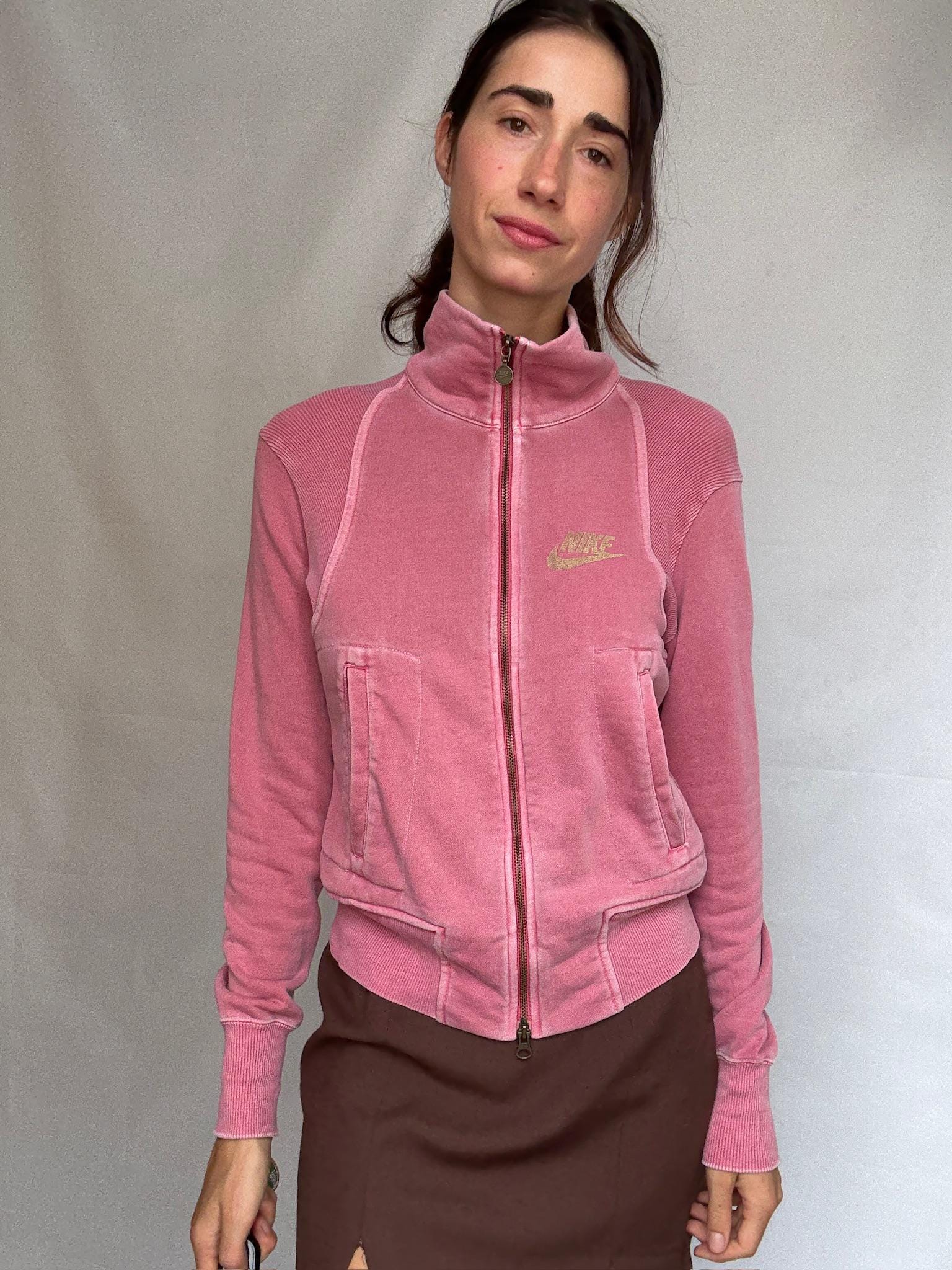 Nike pink zip up vest, cotton sporty fit, girlycasual streetwear, US M, everyday active style