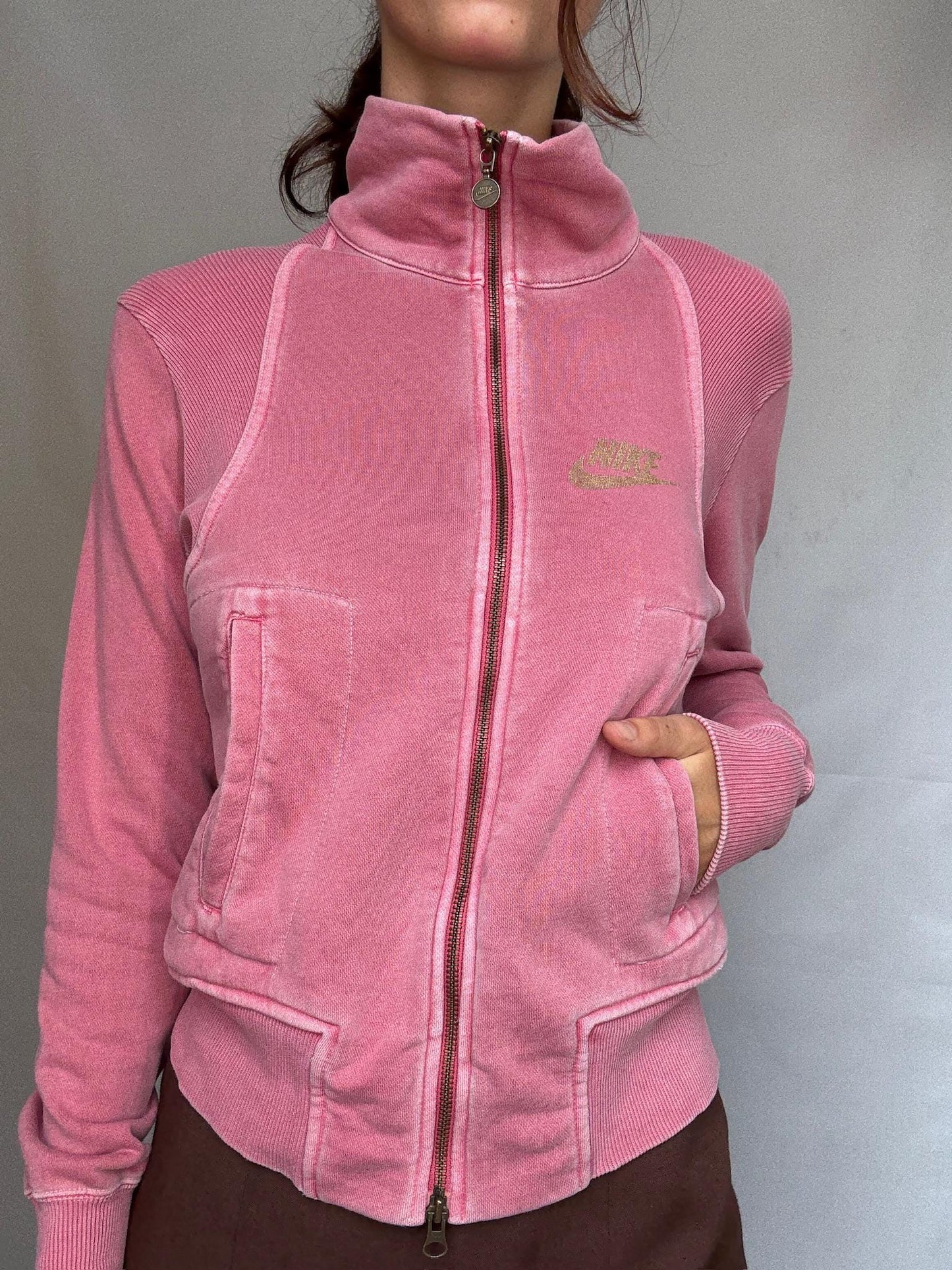 Nike pink zip up vest, cotton sporty fit, girlycasual streetwear, US M, everyday active style