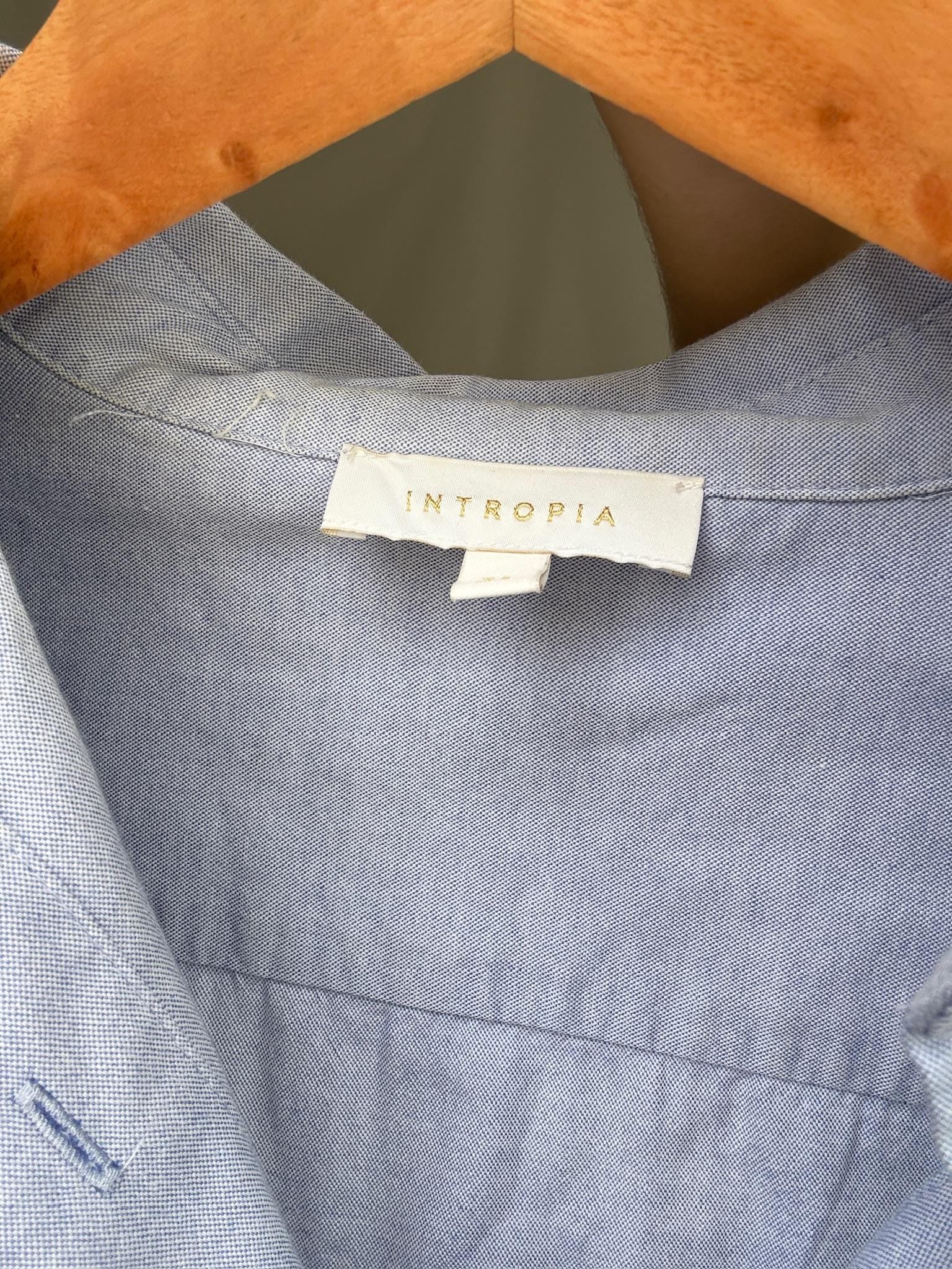 Elegant blue woman blouse, 100% cotton button up shirt with gathered cuffs, Luxe light academic Kate Middleton, Size XS - EU 34