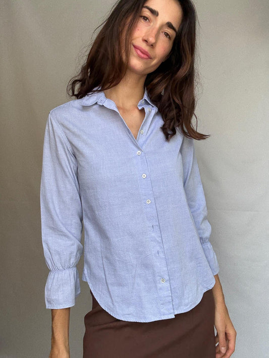 Elegant blue woman blouse, 100% cotton button up shirt with gathered cuffs, Luxe light academic Kate Middleton, Size XS - EU 34