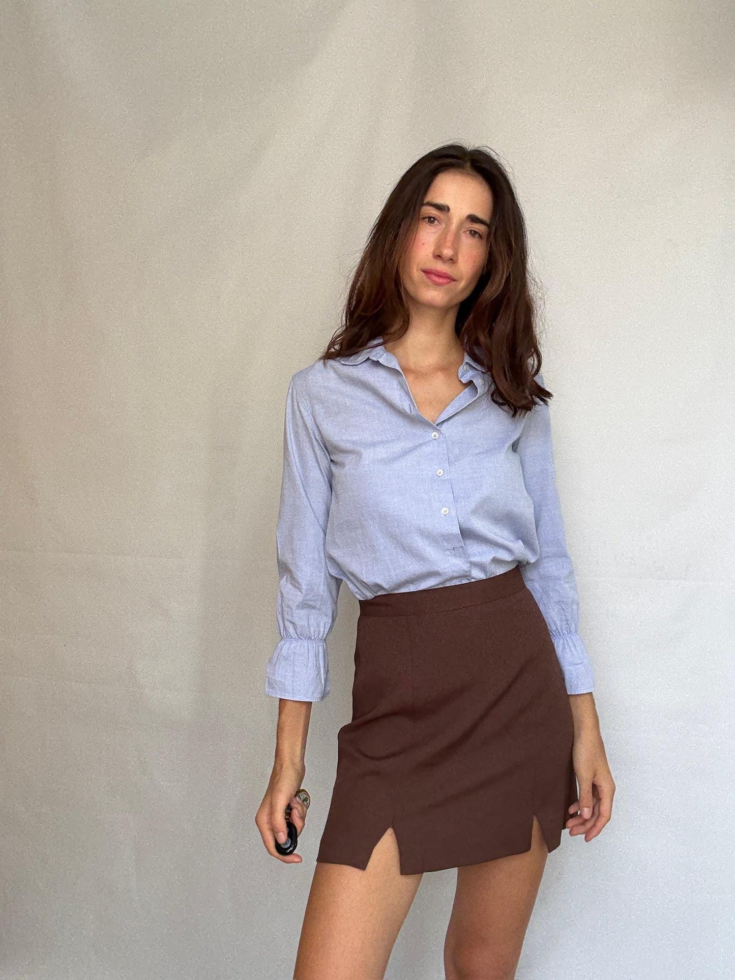 Elegant blue woman blouse, 100% cotton button up shirt with gathered cuffs, Luxe light academic Kate Middleton, Size XS - EU 34