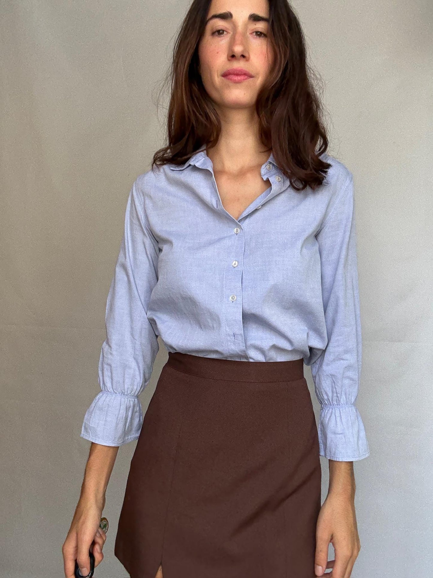 Elegant blue woman blouse, 100% cotton button up shirt with gathered cuffs, Luxe light academic Kate Middleton, Size XS - EU 34