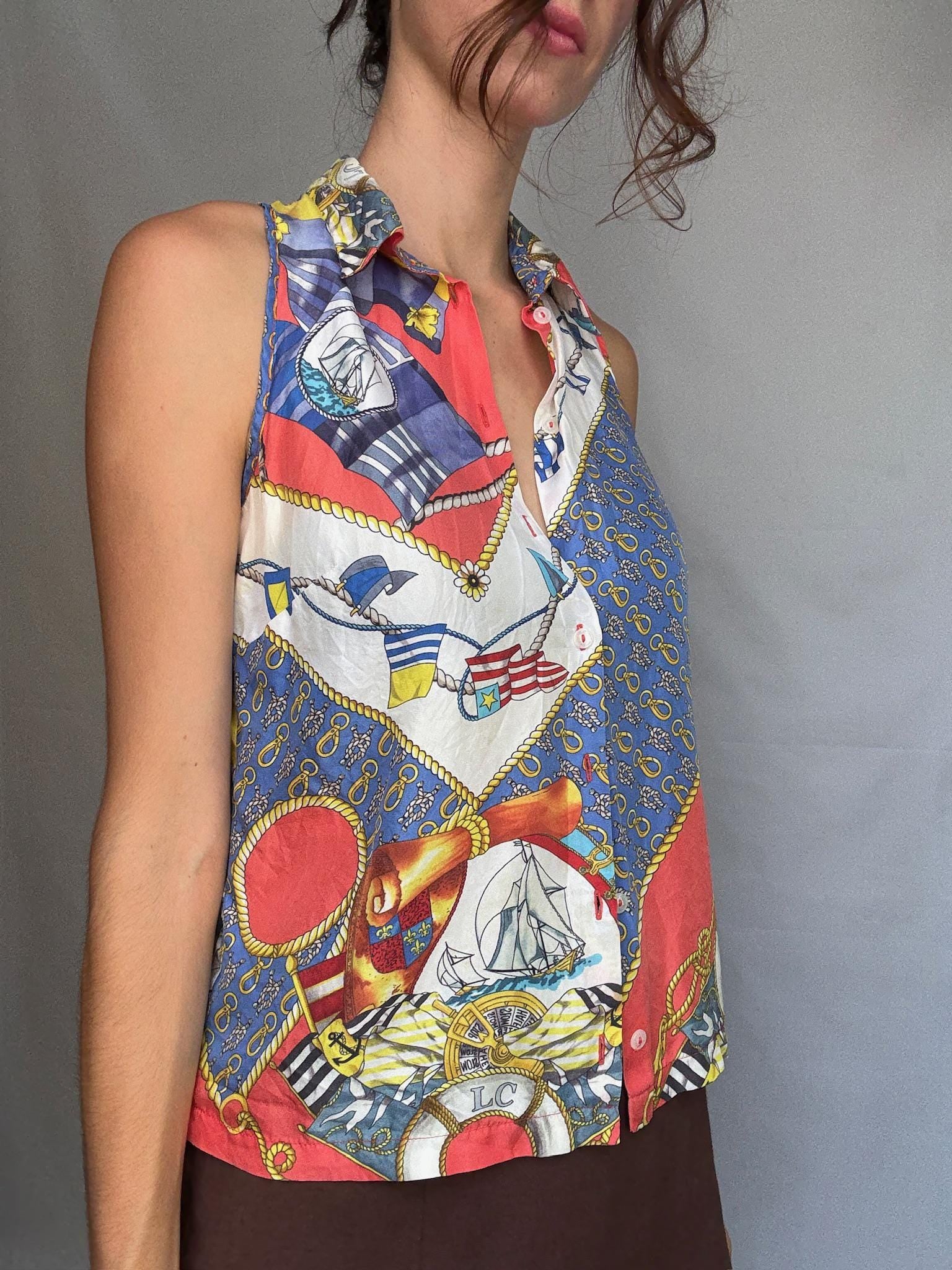 Vintage nautical print blouse, Lovely tiefront retro 80s top, Cher vibe, US S, summer streetwear