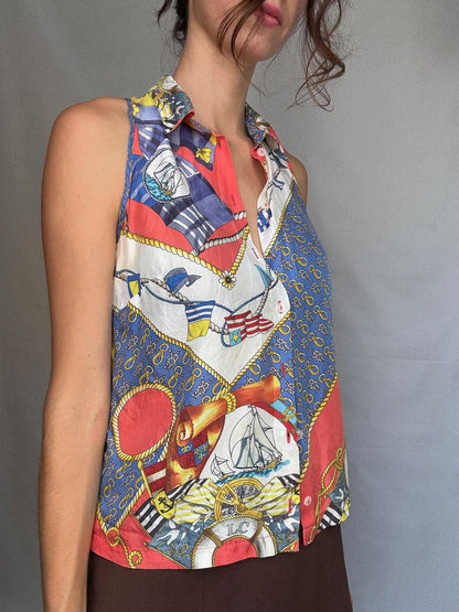 Vintage Nautical Print Tie Front Blouse — additional view 6