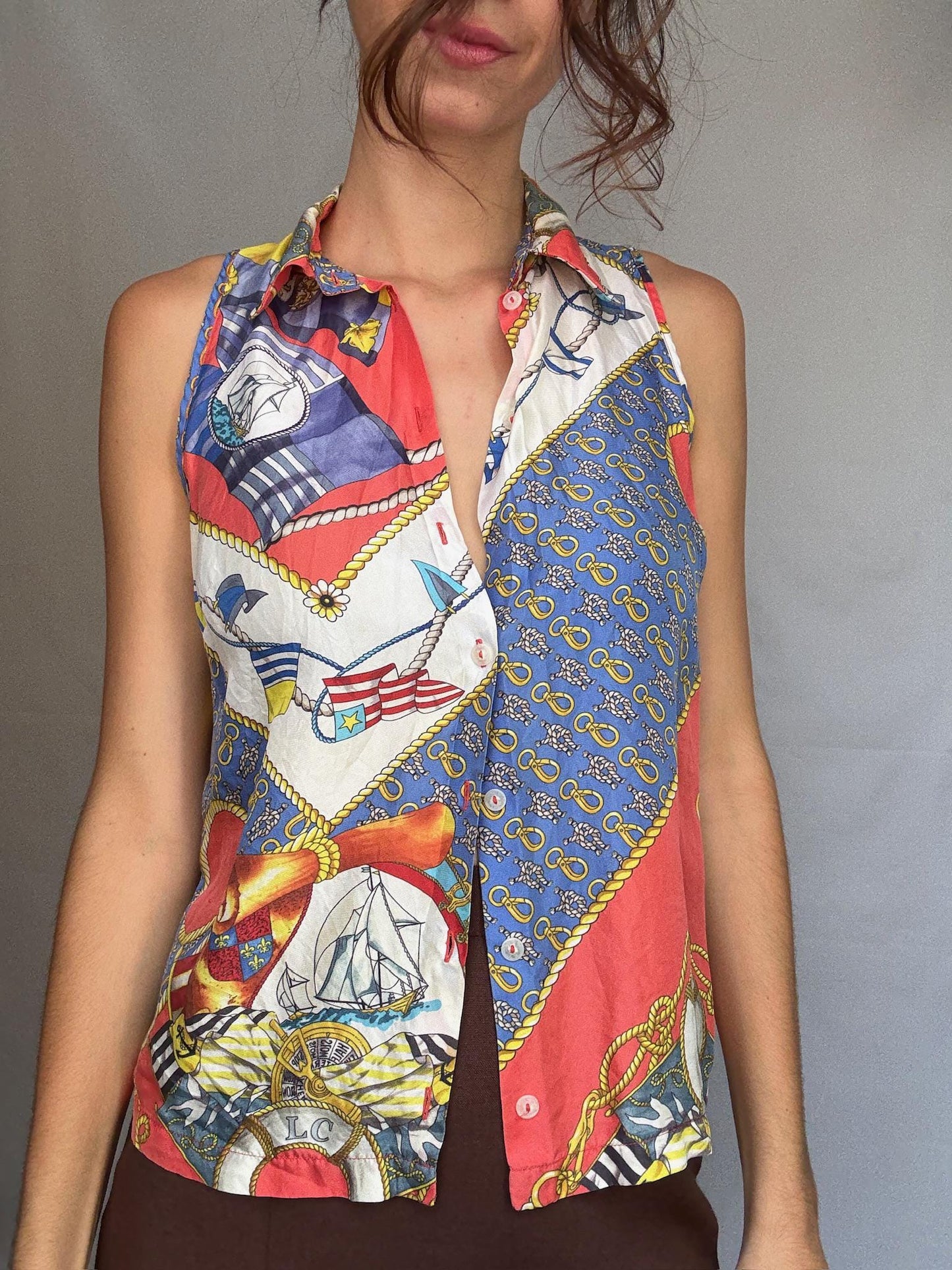 Vintage nautical print blouse, Lovely tiefront retro 80s top, Cher vibe, US S, summer streetwear