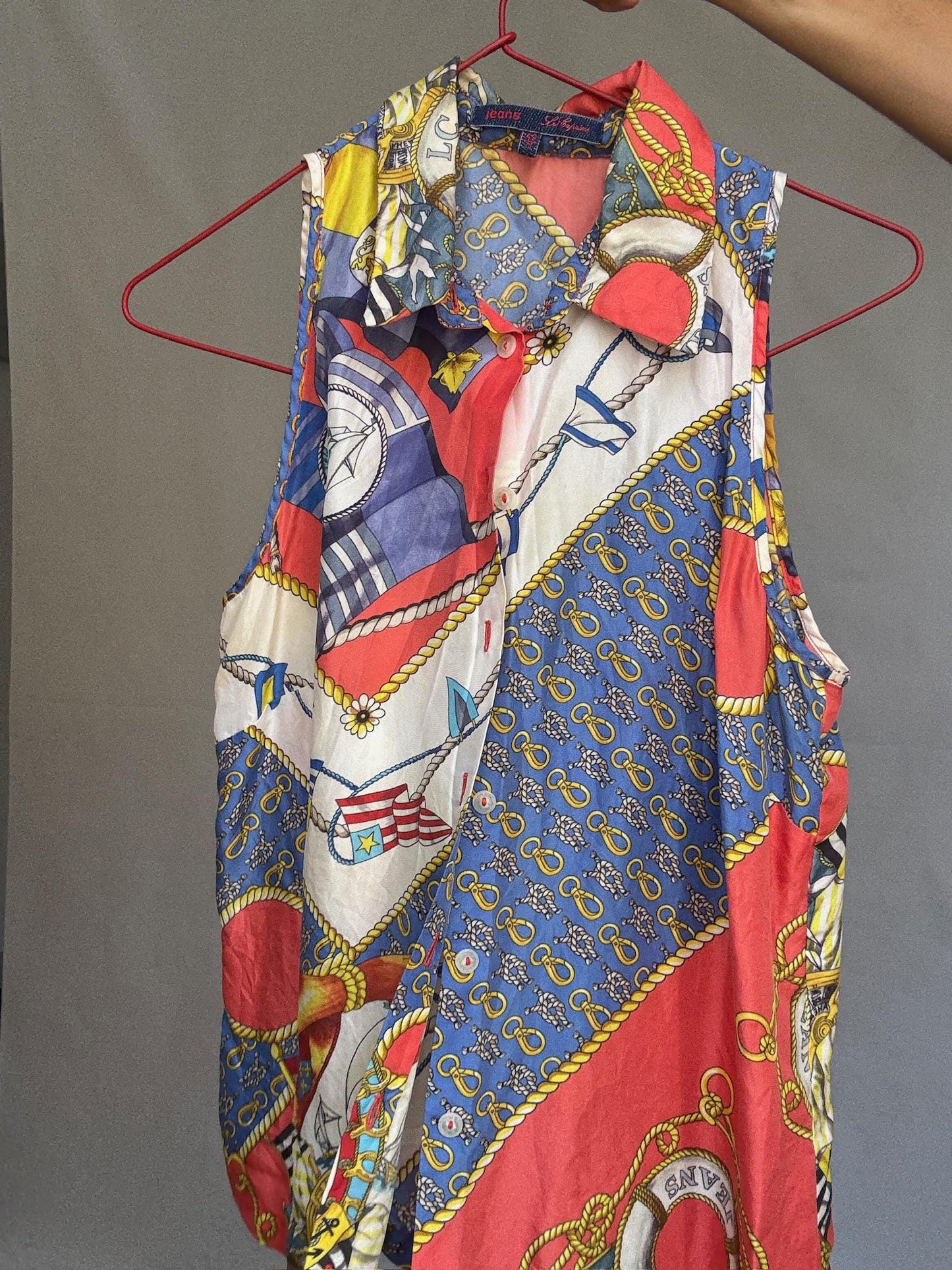 Vintage nautical print blouse, Lovely tiefront retro 80s top, Cher vibe, US S, summer streetwear