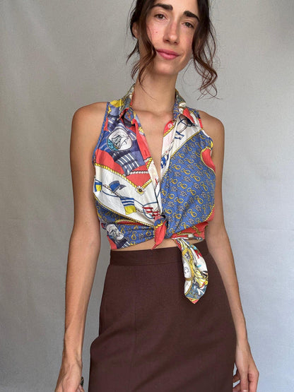 Vintage Nautical Print Tie Front Blouse — fabric close-up