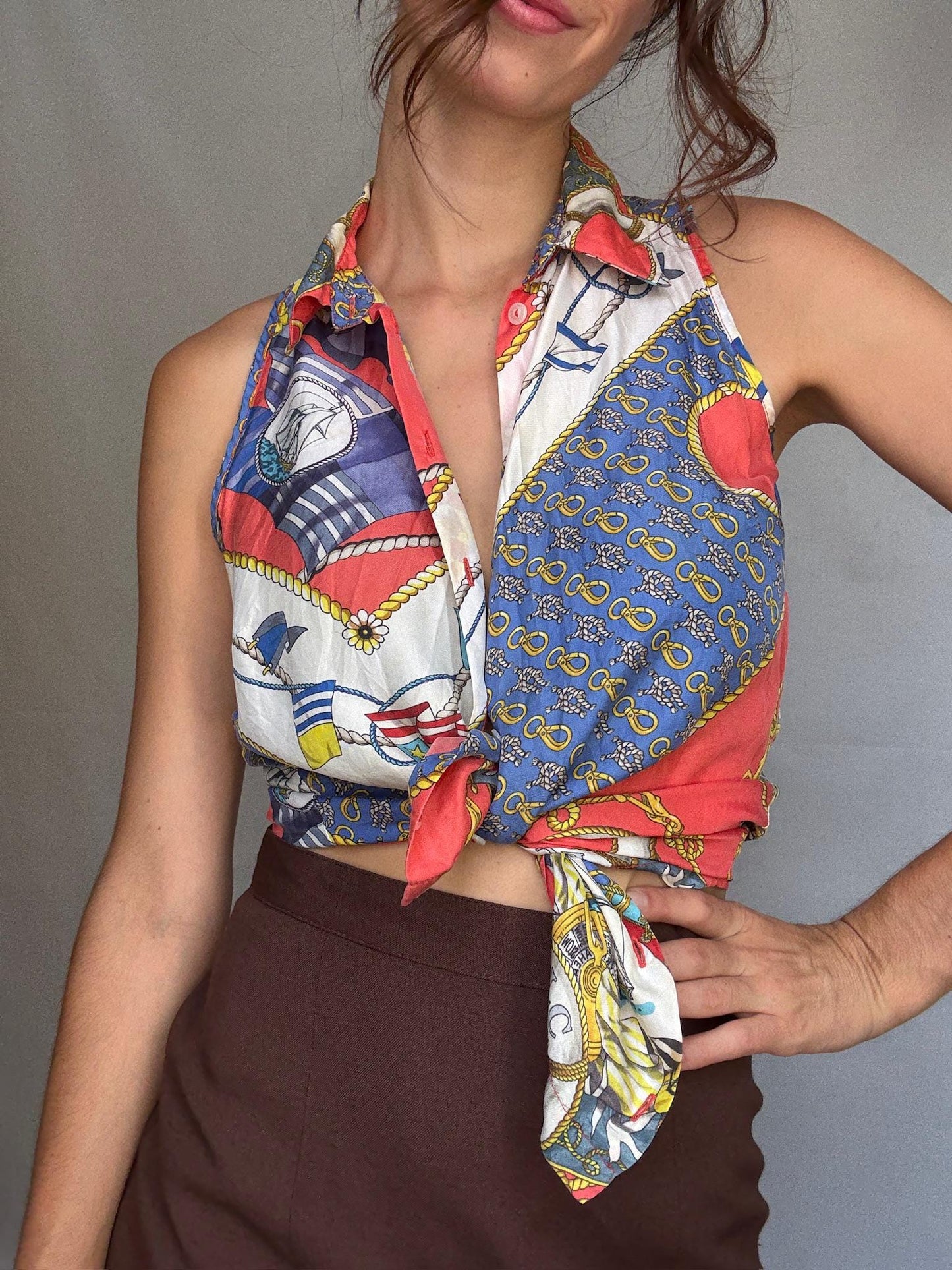 Vintage nautical print blouse, Lovely tiefront retro 80s top, Cher vibe, US S, summer streetwear