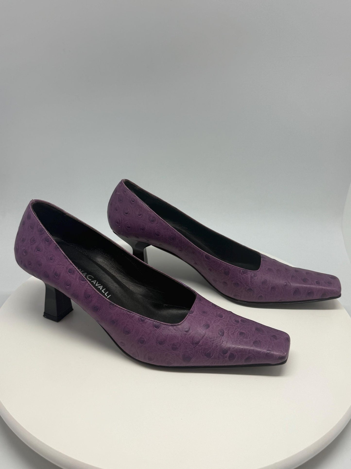 Luciana Cavalli purple leather heels, Y2K vintage style, textured leather, square toe, US 8, EU 39, evening retro vibe