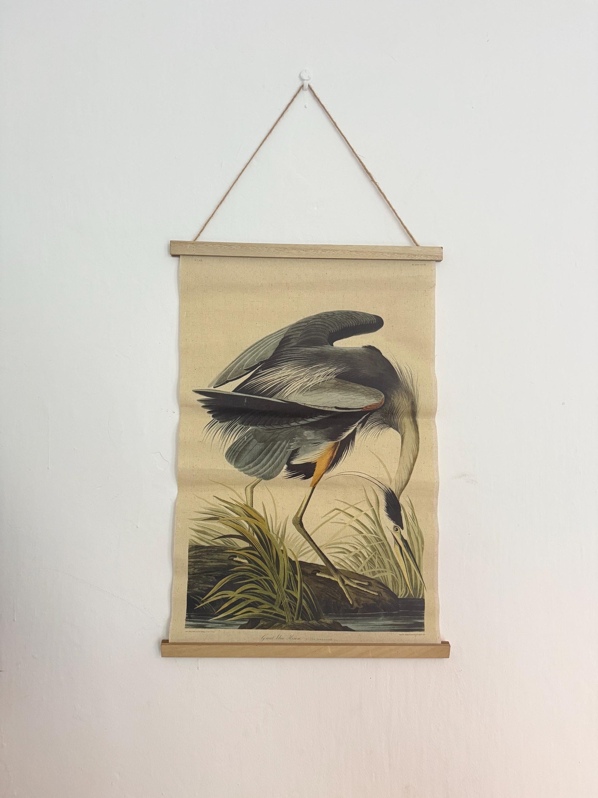John James Audubon Style Great Blue Heron Linen Wall Hanging, Natural History Bird Illustration, Vintage Inspired Home Decor