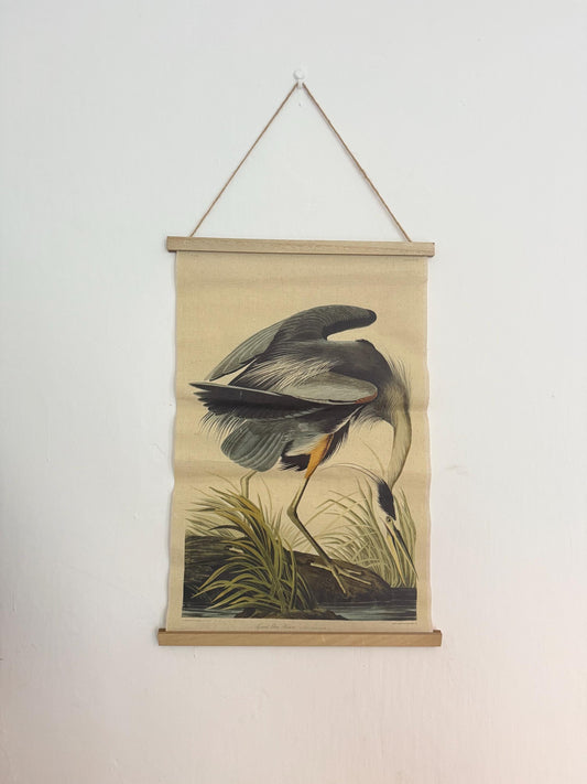 John James Audubon Style Great Blue Heron Linen Wall Hanging, Natural History Bird Illustration, Vintage Inspired Home Decor