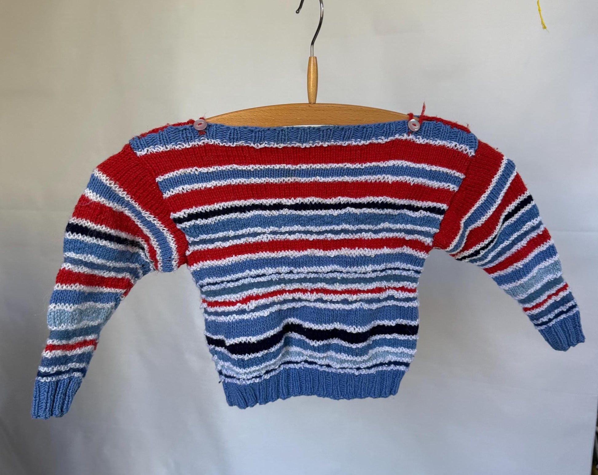 Handknit Colorful striped sweater, retro 80s vibrant, child 2-3 years, Unique casual playtime cozy