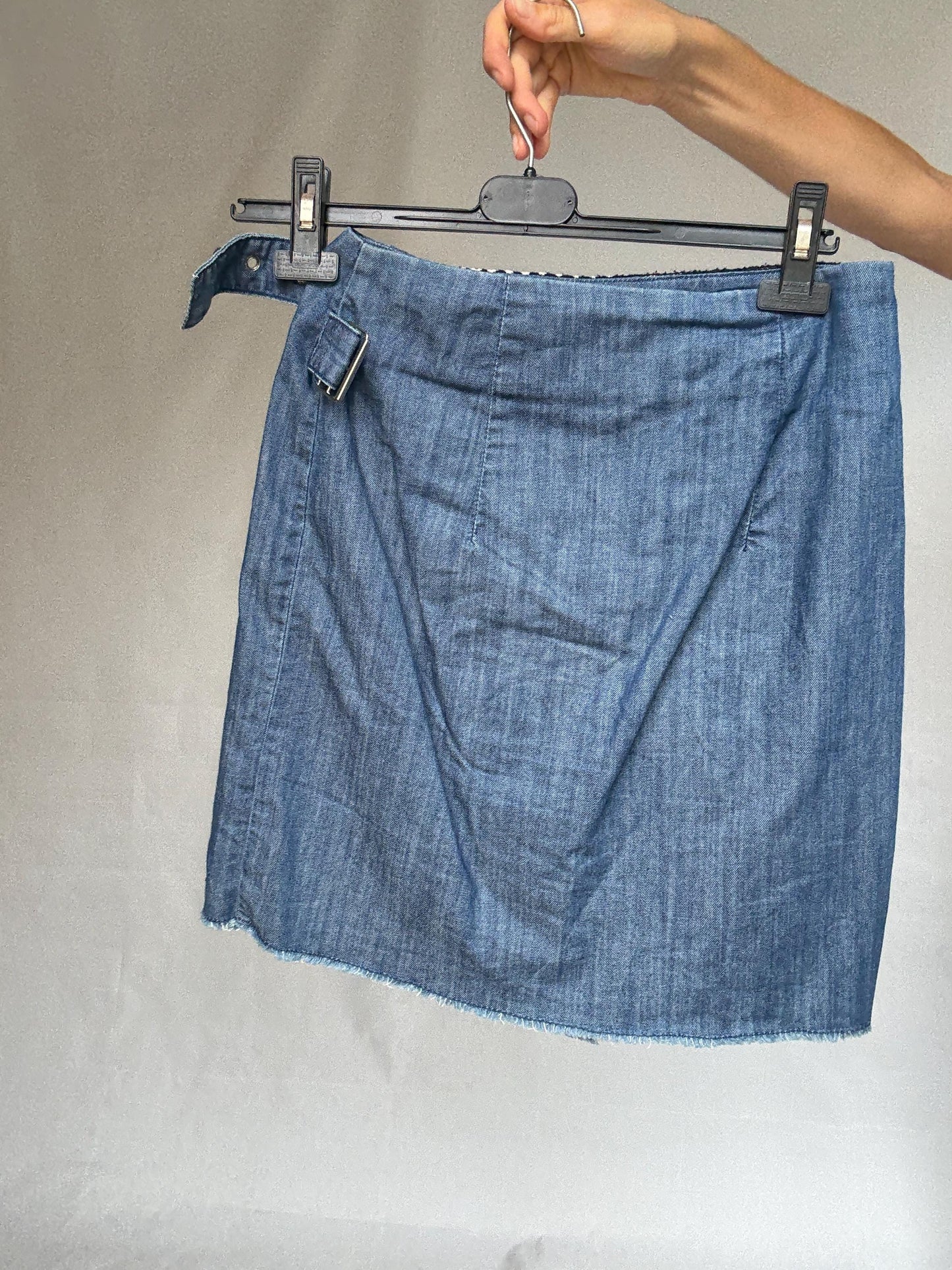 Desigual blue denim wrap skirt, Spanish designer skirt with asymmetrical lines and embroidery details, bohemian eclectic style, Size S