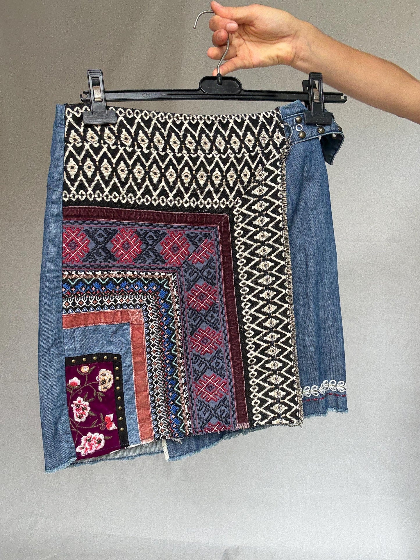 Desigual blue denim wrap skirt, Spanish designer skirt with asymmetrical lines and embroidery details, bohemian eclectic style, Size S