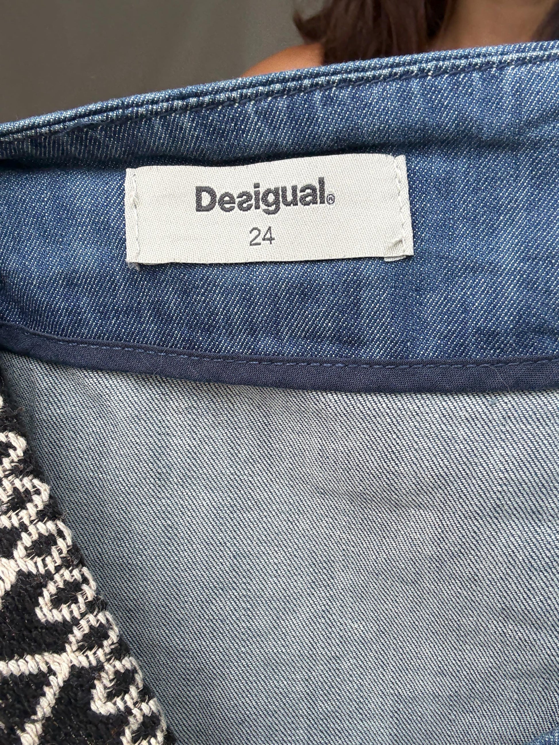 Desigual blue denim wrap skirt, Spanish designer skirt with asymmetrical lines and embroidery details, bohemian eclectic style, Size S