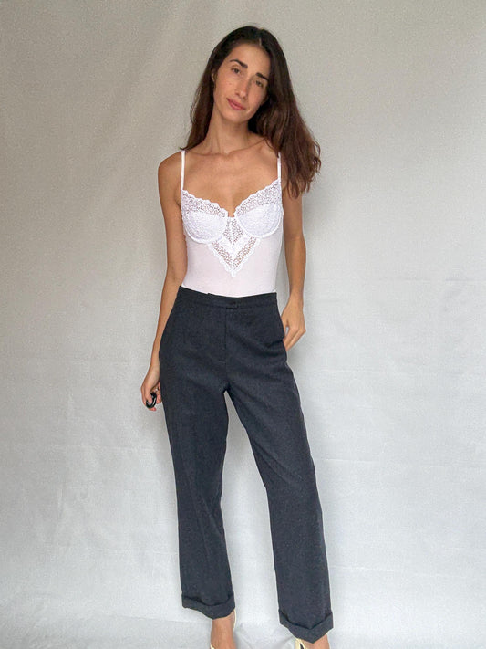 Vintage dark blue wool pants made in Italy, high waist straight leg 100 % virgin wool trousers, Smart academia aesthetic, US M, office chic